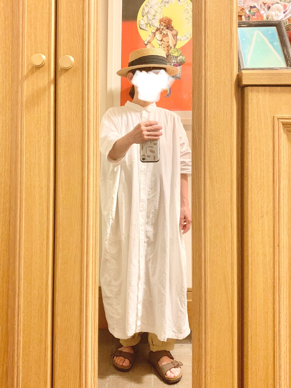 「今日のコーデ、今日の服、麦わら帽子、シャツワンピ」｜「14+の麦ブレードカンカン帽（ハット、ブラック系）」を使った、まっきさん（レディース・149cm）の秋コーディネートの2枚目の写真