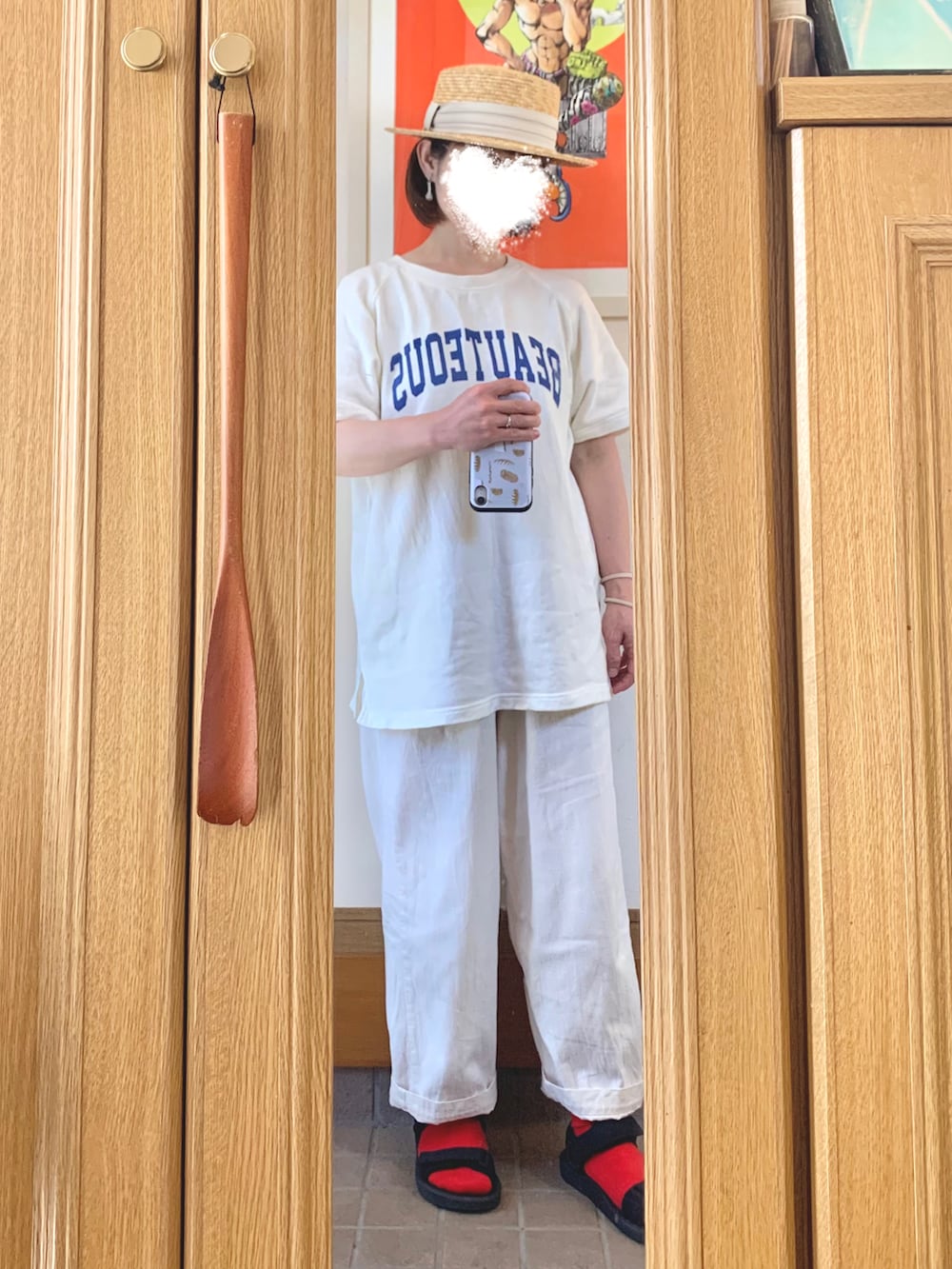 「今日のコーデ、今日の服、シンプルコーデ、スポサン、キャップ、麦わら帽子、古着」｜「14+の麦ブレードカンカン帽（ハット、ホワイト系）」を使った、まっきさん（レディース・149cm）の夏コーディネートの2枚目の写真