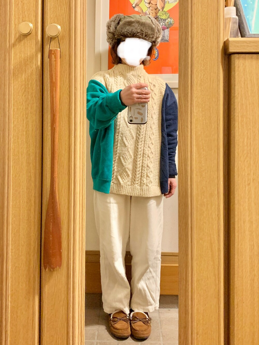 「今日のコーデ、今日の服、フライトキャップ、古着、リメイク古着、キルティングコート」｜「マルシェ購入品のアイテム（ニット/セーター、ホワイト系）」を使った、まっきさん（レディース・149cm）の冬コーディネートの3枚目の写真