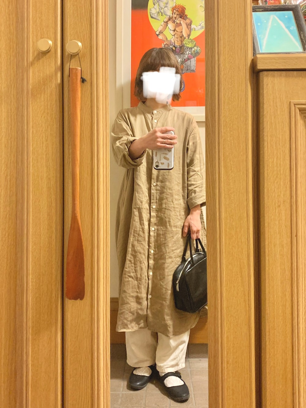 「昨日のコーデ、昨日の服、リネンワンピース、シャツワンピ、シンプルコーデ」｜「無印良品のアイテム（シャツワンピース、ブラウン系）」を使った、まっきさん（レディース・149cm）の秋コーディネートの3枚目の写真