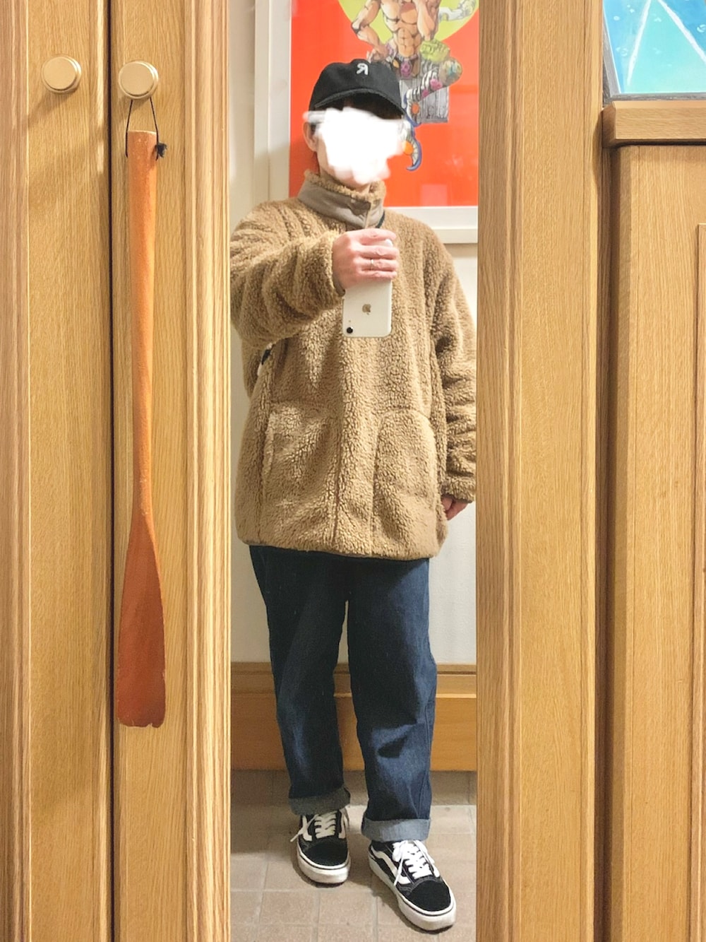 「昨日のコーデ、昨日の服、フリース、デニム、メンズアイテム」｜「UNIQLOのアイテム（その他トップス、ブラウン系）」を使った、まっきさん（レディース・149cm）の冬コーディネートの3枚目の写真