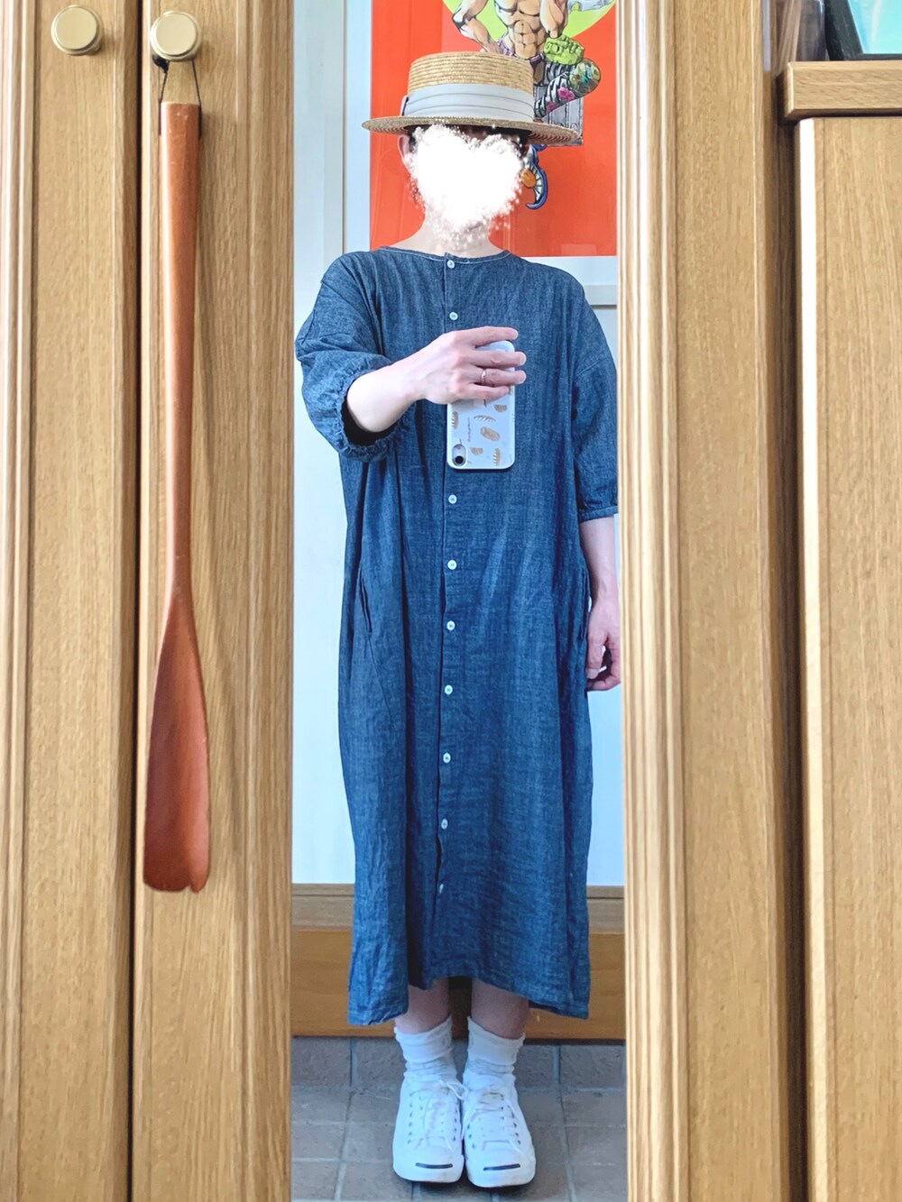 「今日のコーデ、今日の服、麦わら帽子、プチプラ、シンプルコーデ、ジャックパーセル」｜「14+の麦ブレードカンカン帽（ハット、ホワイト系）」を使った、まっきさん（レディース・149cm）の夏コーディネートの2枚目の写真