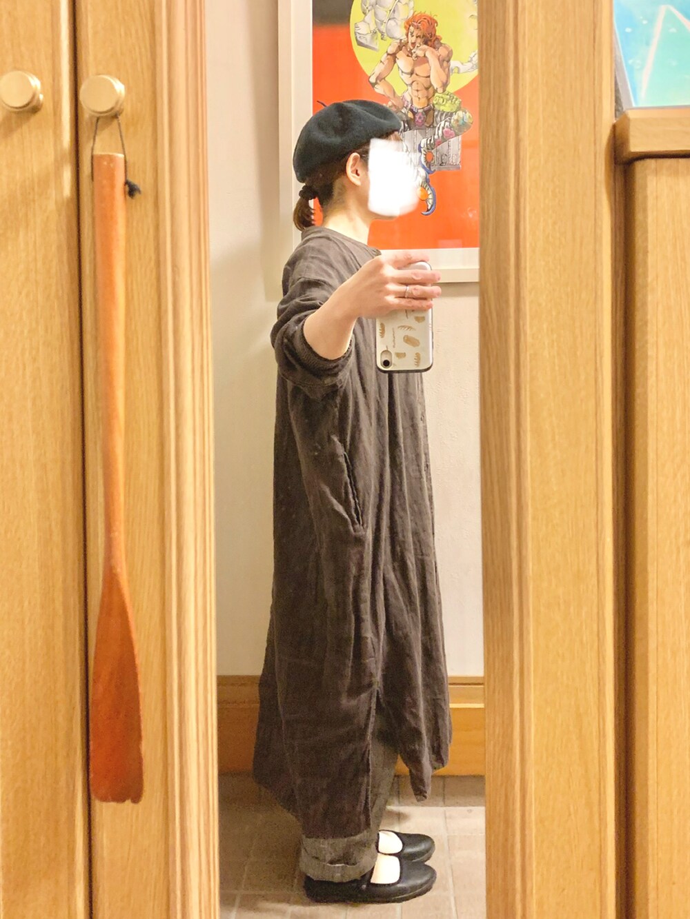 「今日のコーデ、今日の服、シンプルコーデ、グレンチェック、リネンワンピース」｜「studio CLIPのアイテム（シャツワンピース、ブラウン系）」を使った、まっきさん（レディース・149cm）の秋コーディネートの3枚目の写真