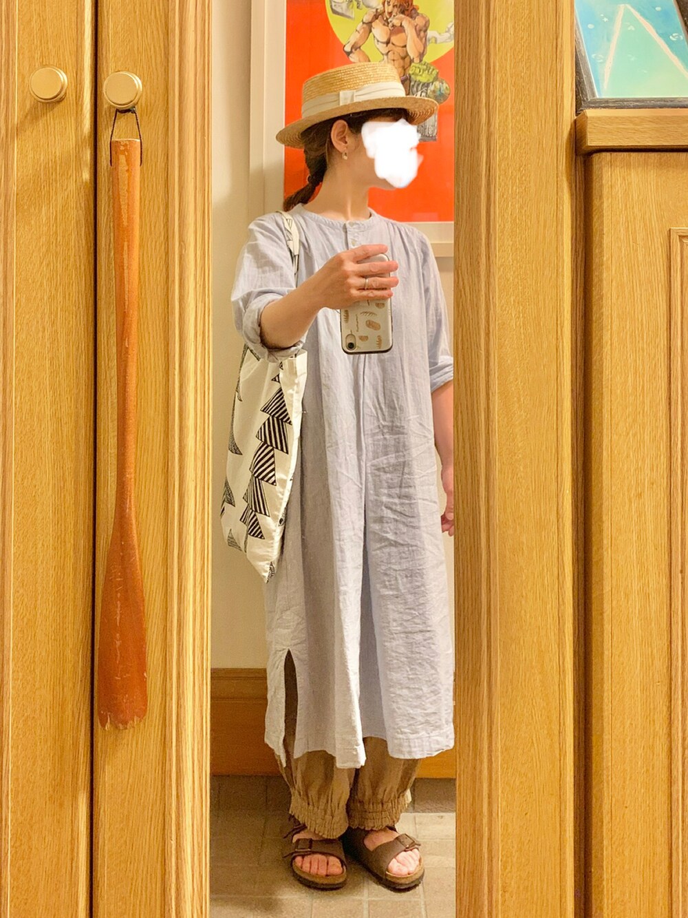「昨日のコーデ、昨日の服、麦わら帽子、古着」｜「14+の麦ブレードカンカン帽（ハット、ホワイト系）」を使った、まっきさん（レディース・149cm）の春コーディネートの2枚目の写真
