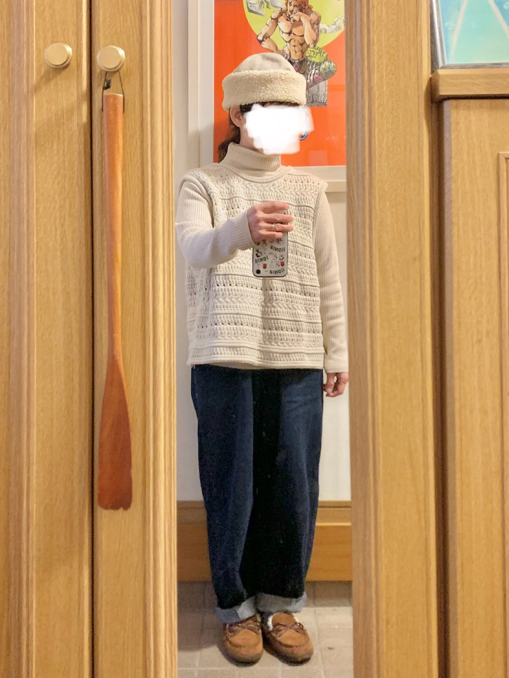 「今日のコーデ、今日の服、タートルネック、ベスト、デニム、古着、モッズコート、モカシン」｜「Samansa Mos2のかぎ針風ニットベスト（ベスト、ホワイト系）」を使った、まっきさん（レディース・150cm）の冬コーディネートの2枚目の写真