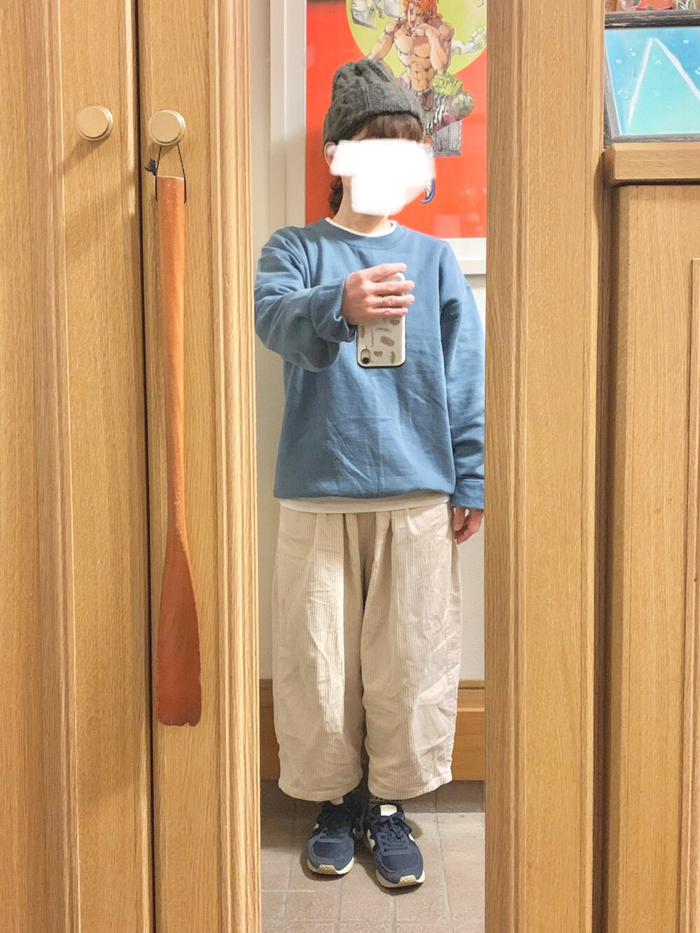 「昨日のコーデ、昨日の服、ニット帽、ライナー、スウェット、リメイク古着、コーデュロイパンツ、作家メイド、中古靴、古着」｜「Samansa Mos2のアイテム（モッズコート、グリーン系）」を使った、まっきさん（レディース・149cm）の春コーディネートの3枚目の写真