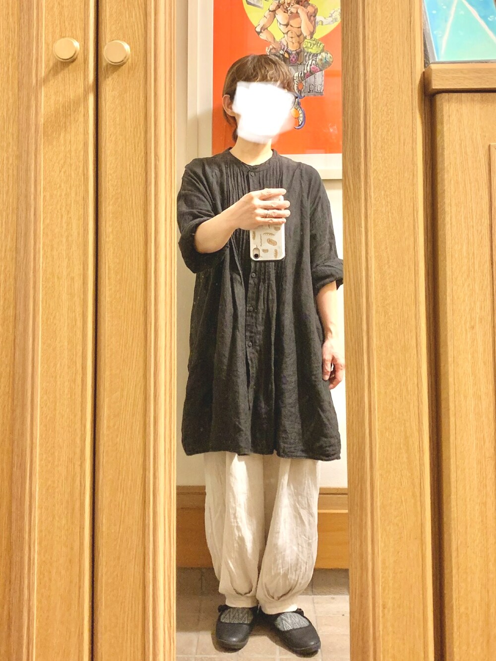 「昨日のコーデ、昨日の服、リネンシャツ、リネンパンツ」｜「Samansa Mos2のアイテム（チュニック、グレー系）」を使った、まっきさん（レディース・149cm）の秋コーディネートの2枚目の写真