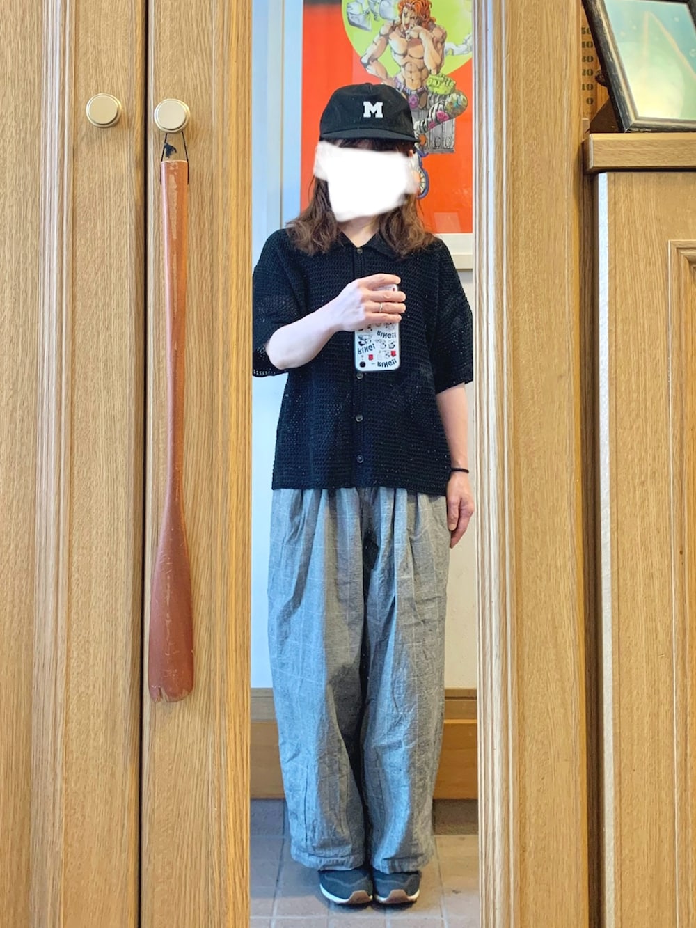 「昨日のコーデ、昨日の服、キャップ、透かし編みニット、グレンチェック」｜「古着屋購入品のアイテム（キャップ、ブラック系）」を使った、まっきさん（レディース・150cm）の春コーディネートの2枚目の写真