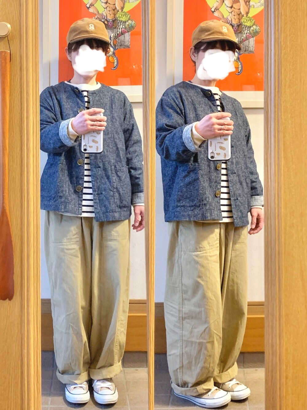 「昨日のコーデ、キャップ、ボーダー、古着」｜「studio CLIPのアイテム（パンツ、ベージュ系）」を使った、まっきさん（レディース・149cm）の春コーディネートの2枚目の写真
