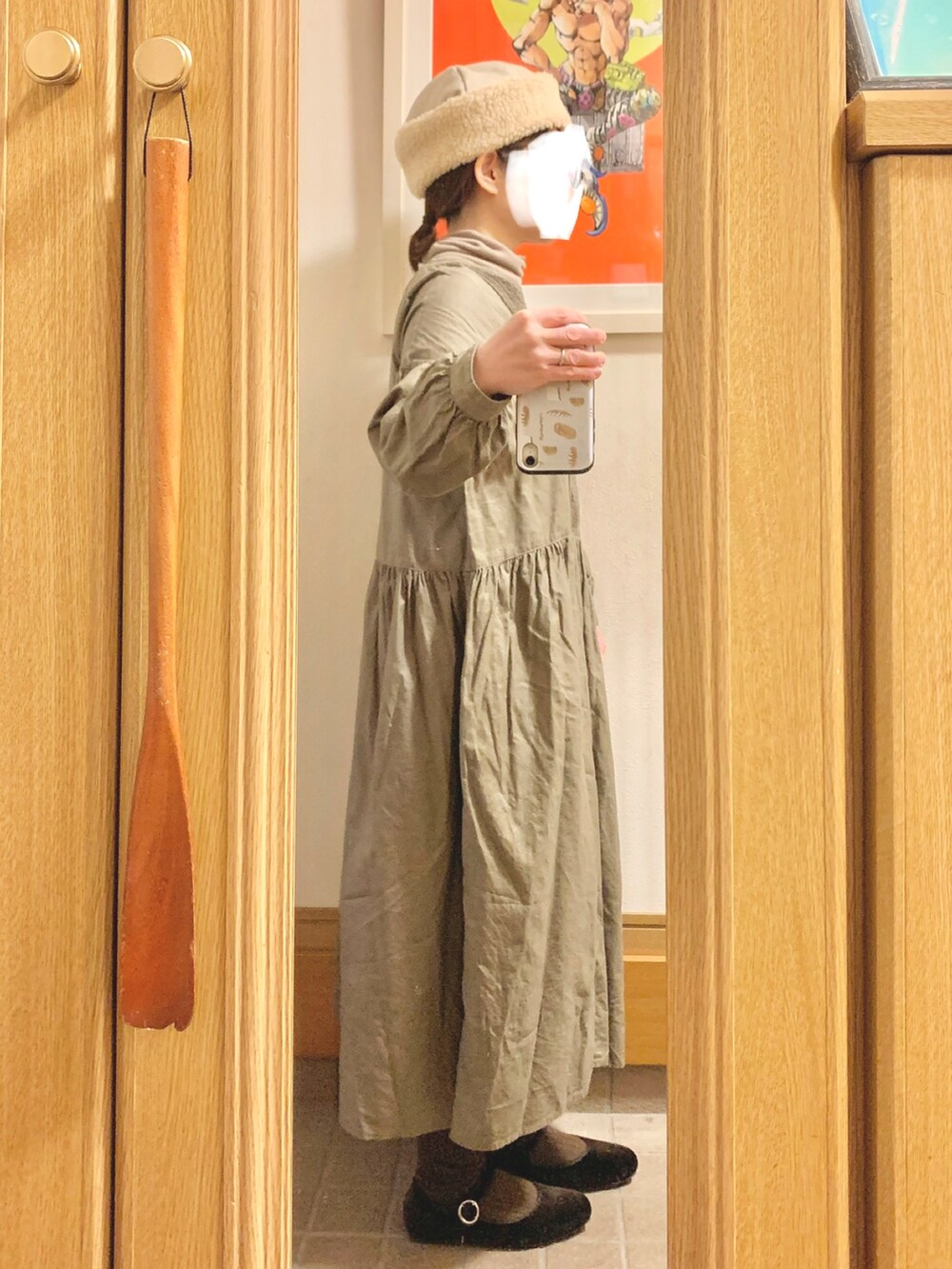「今日のコーデ、今日の服、前後着ワンピース、カーディガン、キルティングコート」｜「CRAFT STANDARD BOUTIQUEのアイテム（ワンピース、ブラウン系）」を使った、まっきさん（レディース・149cm）の冬コーディネートの5枚目の写真