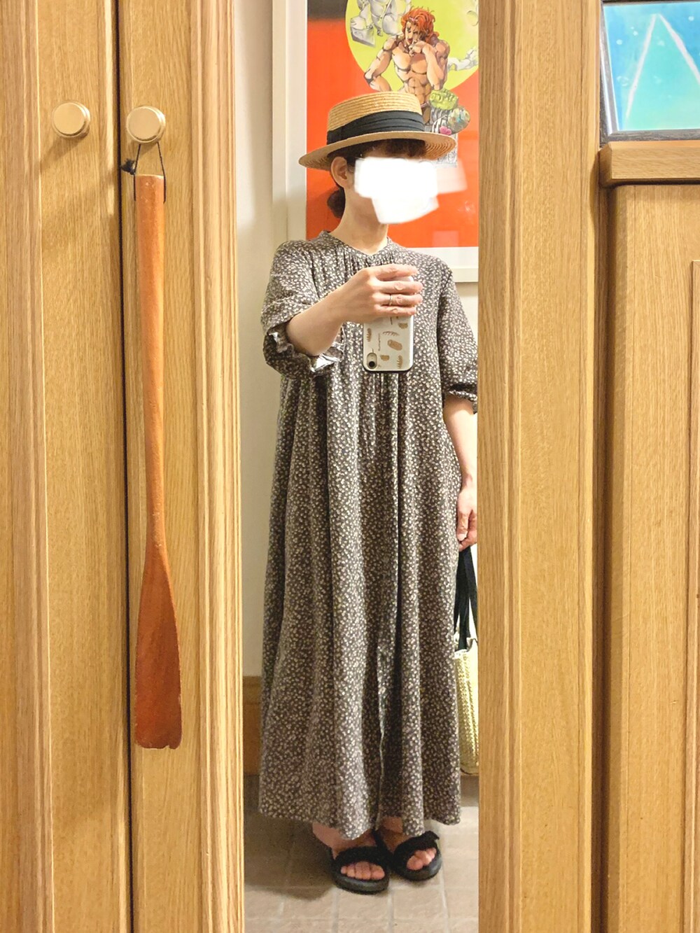 「昨日のコーデ、昨日の服、小花柄、ピンク、スポサン」｜「14+の麦ブレードカンカン帽（ハット、ブラック系）」を使った、まっきさん（レディース・150cm）の夏コーディネートの2枚目の写真