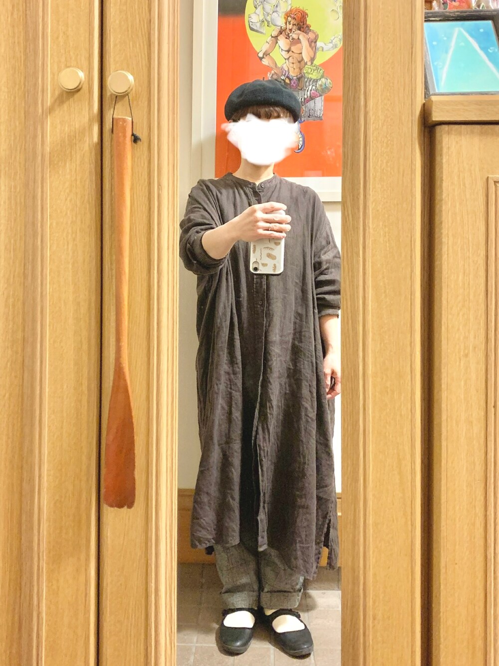 「今日のコーデ、今日の服、シンプルコーデ、グレンチェック、リネンワンピース」｜「studio CLIPのアイテム（シャツワンピース、ブラウン系）」を使った、まっきさん（レディース・149cm）の秋コーディネートの2枚目の写真