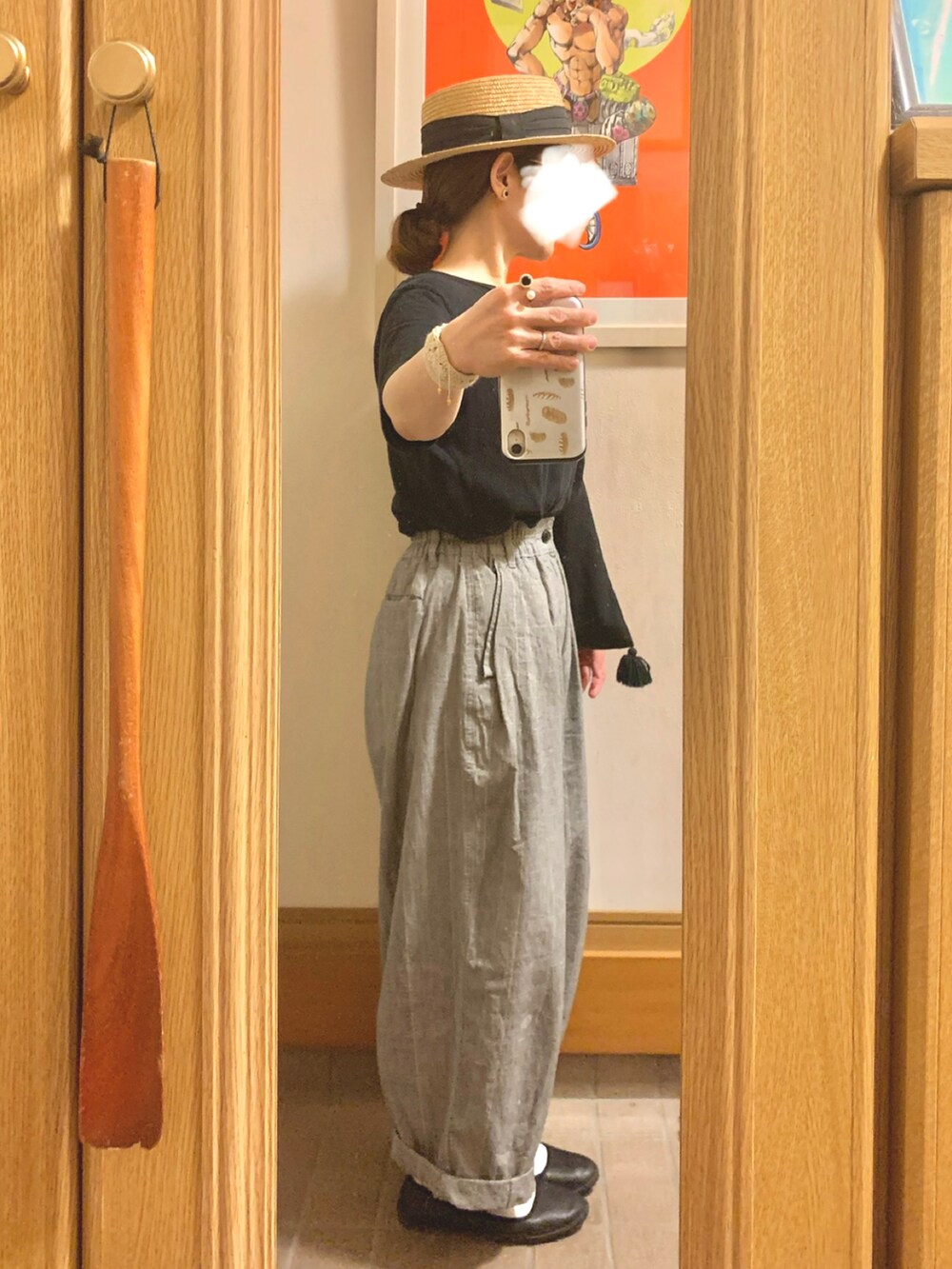 「昨日のコーデ、昨日の服、麦わら帽子、シンプルコーデ、モノトーンコーデ、グレンチェック」｜「14+の麦ブレードカンカン帽（ハット、ブラック系）」を使った、まっきさん（レディース・150cm）の夏コーディネートの3枚目の写真
