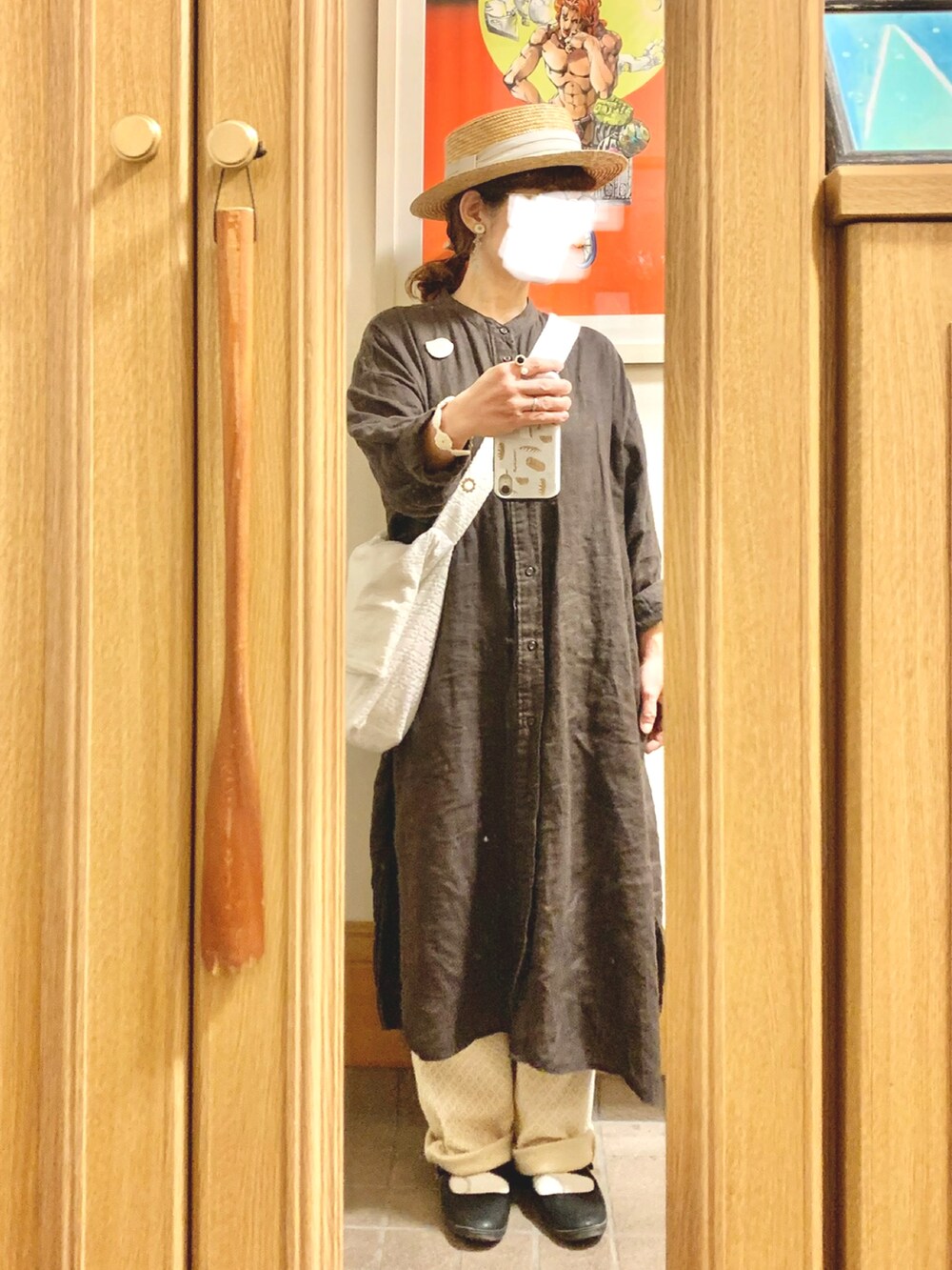 「昨日のコーデ、昨日の服、麦わら帽子、古着」｜「14+の麦ブレードカンカン帽（ハット、ホワイト系）」を使った、まっきさん（レディース・149cm）の春コーディネートの2枚目の写真