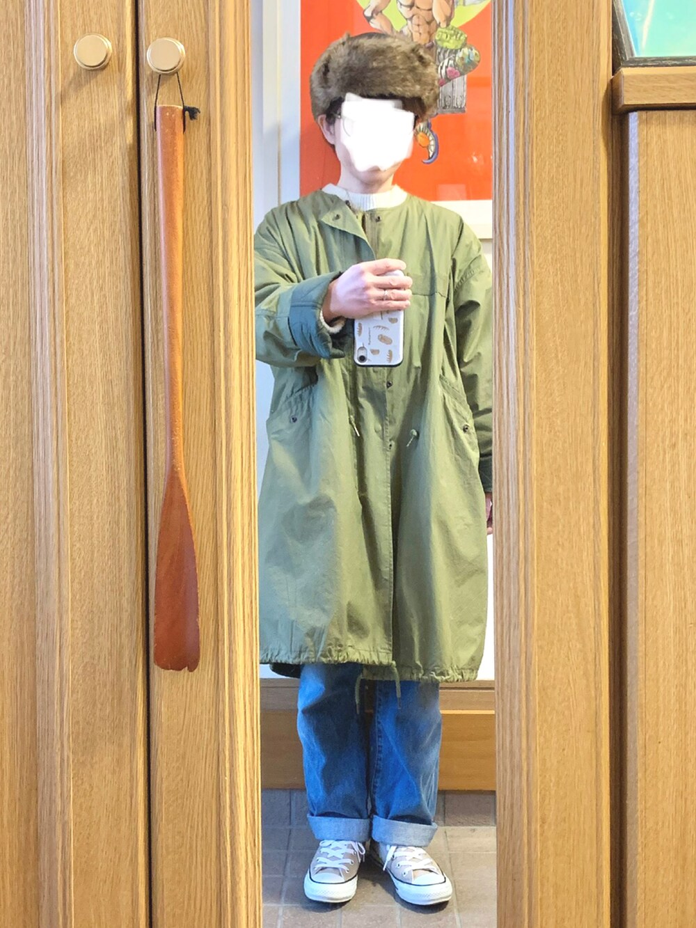 「今日のコーデ、今日の服、フライトキャップ、しまむら、古着、モッズコート」｜「シーズンリーズンのアイテム（ニット/セーター、ベージュ系）」を使った、まっきさん（レディース・149cm）の冬コーディネートの2枚目の写真