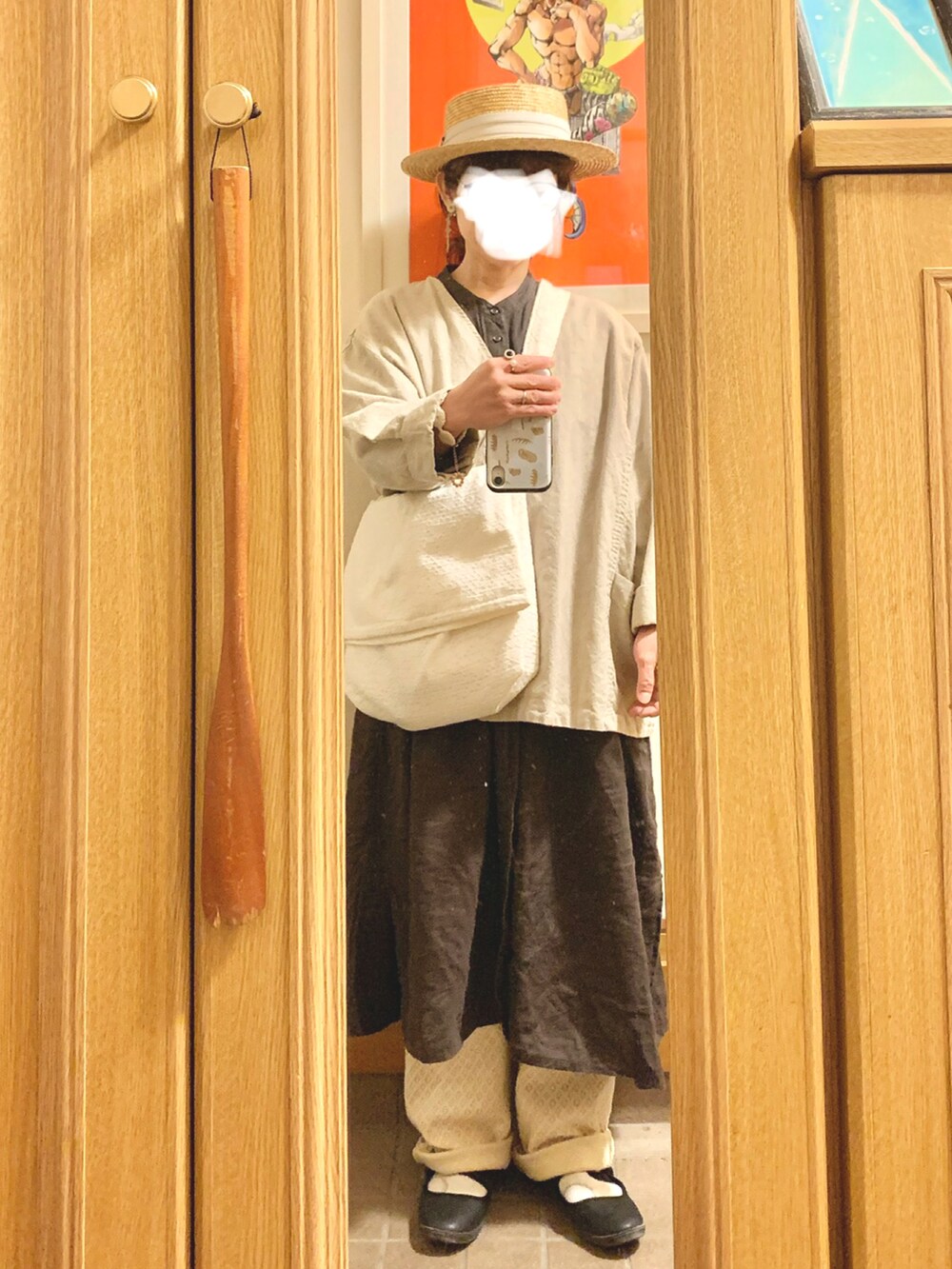 「昨日のコーデ、昨日の服、麦わら帽子、古着」｜「14+の麦ブレードカンカン帽（ハット、ホワイト系）」を使った、まっきさん（レディース・149cm）の春コーディネートの5枚目の写真