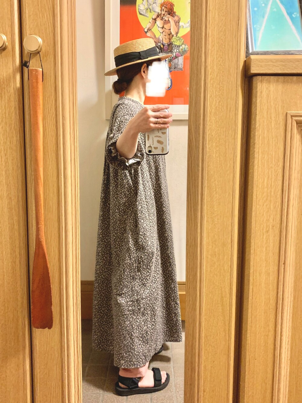 「昨日のコーデ、昨日の服、小花柄、ピンク、スポサン」｜「14+の麦ブレードカンカン帽（ハット、ブラック系）」を使った、まっきさん（レディース・150cm）の夏コーディネートの3枚目の写真