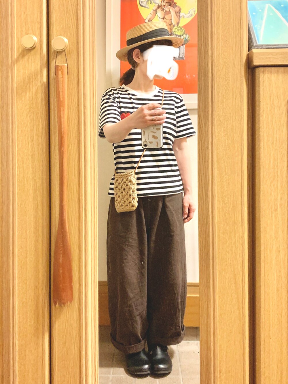 「昨日のコーデ、昨日の服、麦わら帽子、ボーダー」｜「14+の麦ブレードカンカン帽（ハット、ブラック系）」を使った、まっきさん（レディース・149cm）の春コーディネートの4枚目の写真