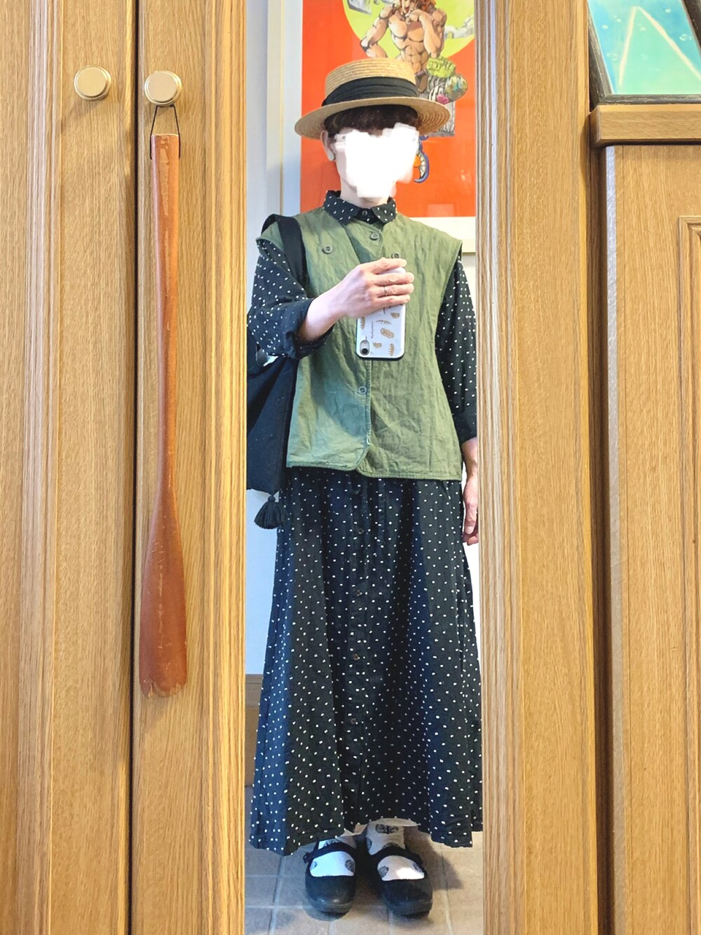 「今日のコーデ、今日の服、麦わら帽子、古着」｜「14+の麦ブレードカンカン帽（ハット、ブラック系）」を使った、まっきさん（レディース・149cm）の春コーディネートの4枚目の写真