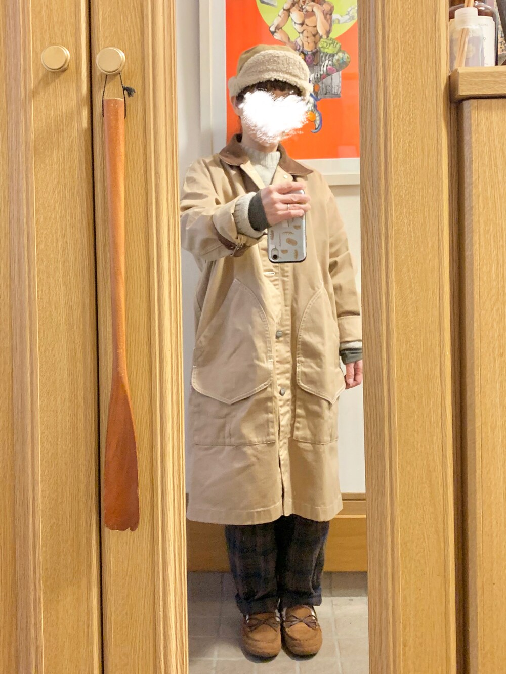 「今日のコーデ、今日の服、古着、メンズアイテム、チェックパンツ、モカシン」｜「studio CLIPのアイテム（パンツ、ブラウン系）」を使った、まっきさん（レディース・149cm）の冬コーディネートの3枚目の写真