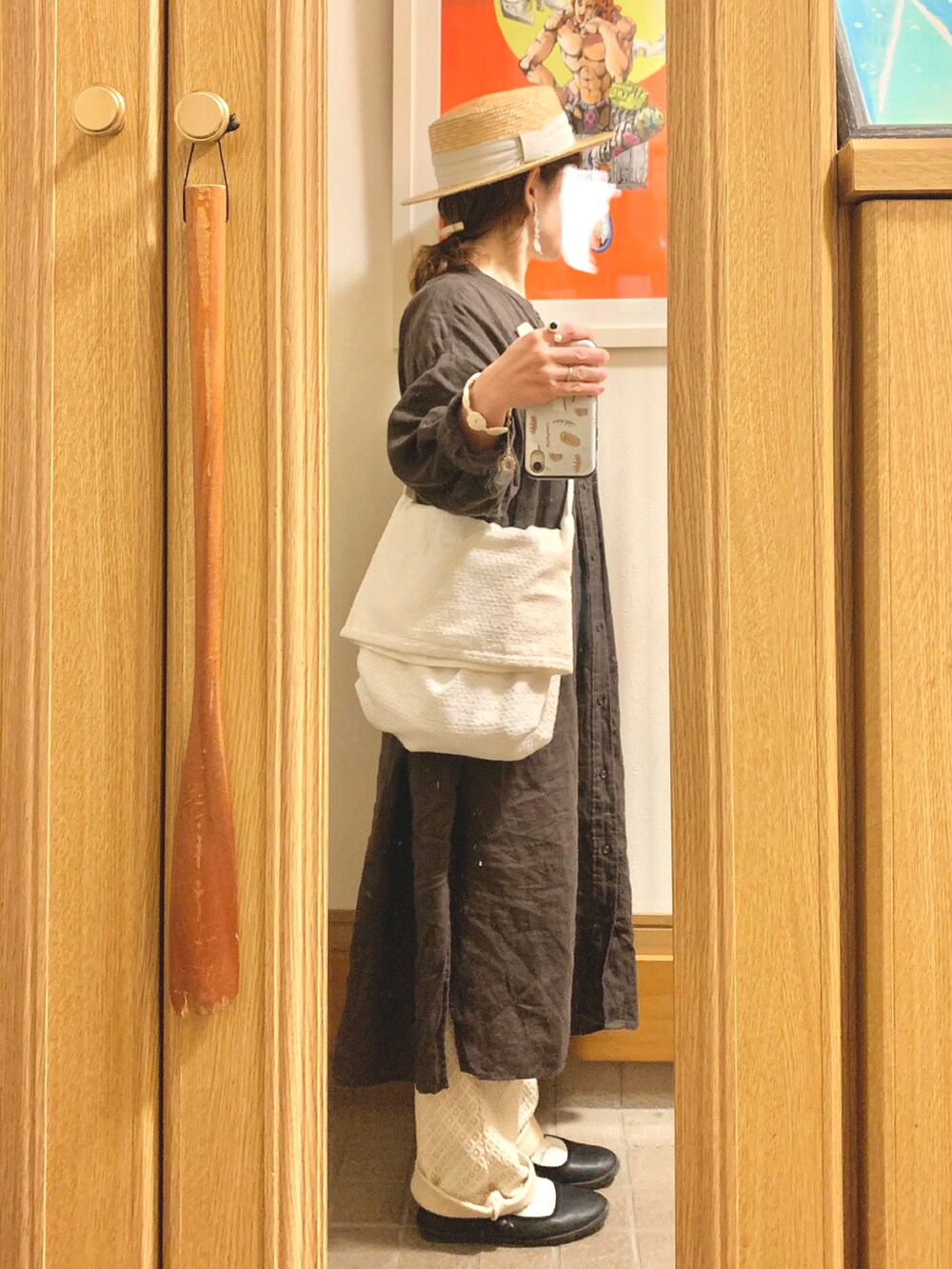 「昨日のコーデ、昨日の服、麦わら帽子、古着」｜「14+の麦ブレードカンカン帽（ハット、ホワイト系）」を使った、まっきさん（レディース・149cm）の春コーディネートの3枚目の写真