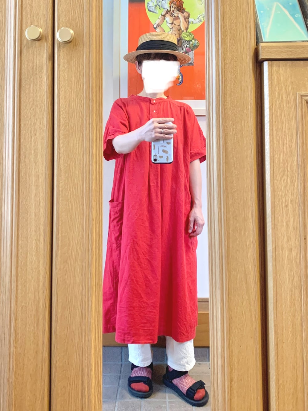 「今日のコーデ、今日の服、麦わら帽子、古着、スポサン、赤」｜「14+の麦ブレードカンカン帽（ハット、ブラック系）」を使った、まっきさん（レディース・149cm）の夏コーディネートの2枚目の写真