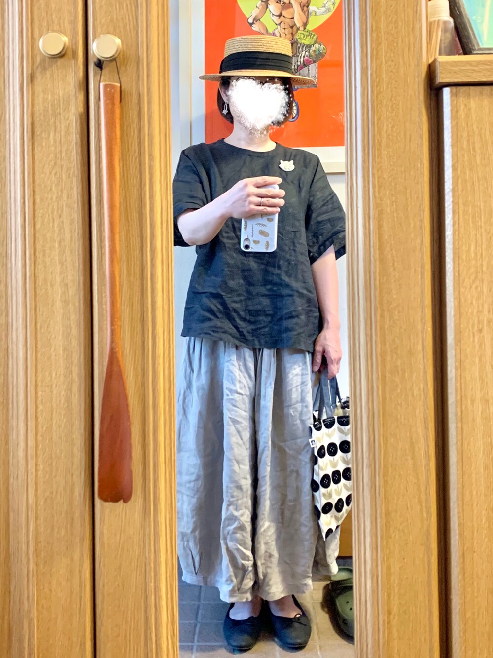 「今日のコーデ、今日の服、休日コーデ、シンプルコーデ、リネン」｜「14+の麦ブレードカンカン帽（ハット、ホワイト系）」を使った、まっきさん（レディース・149cm）の夏コーディネートの4枚目の写真