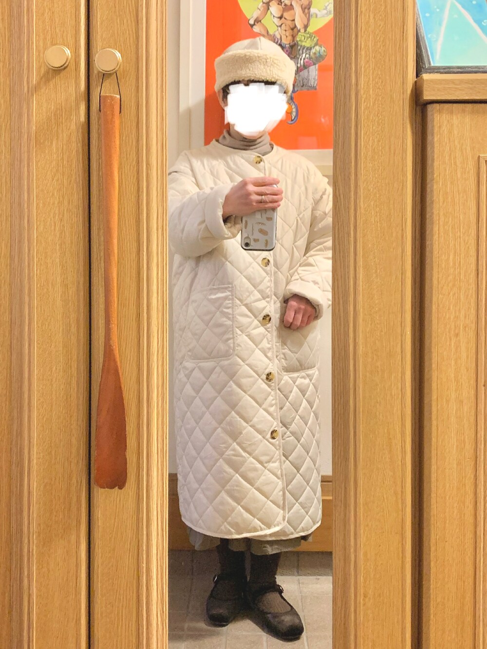 「今日のコーデ、今日の服、前後着ワンピース、カーディガン、キルティングコート」｜「CRAFT STANDARD BOUTIQUEのアイテム（ワンピース、ブラウン系）」を使った、まっきさん（レディース・149cm）の冬コーディネートの2枚目の写真