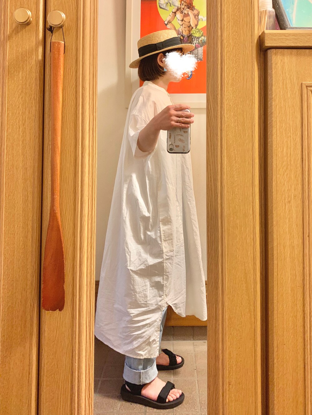 「今日のコーデ、今日の服、麦わら帽子、古着、シャツワンピ、薄色デニム、スポサン」｜「14+の麦ブレードカンカン帽（ハット、ブラック系）」を使った、まっきさん（レディース・149cm）の夏コーディネートの3枚目の写真