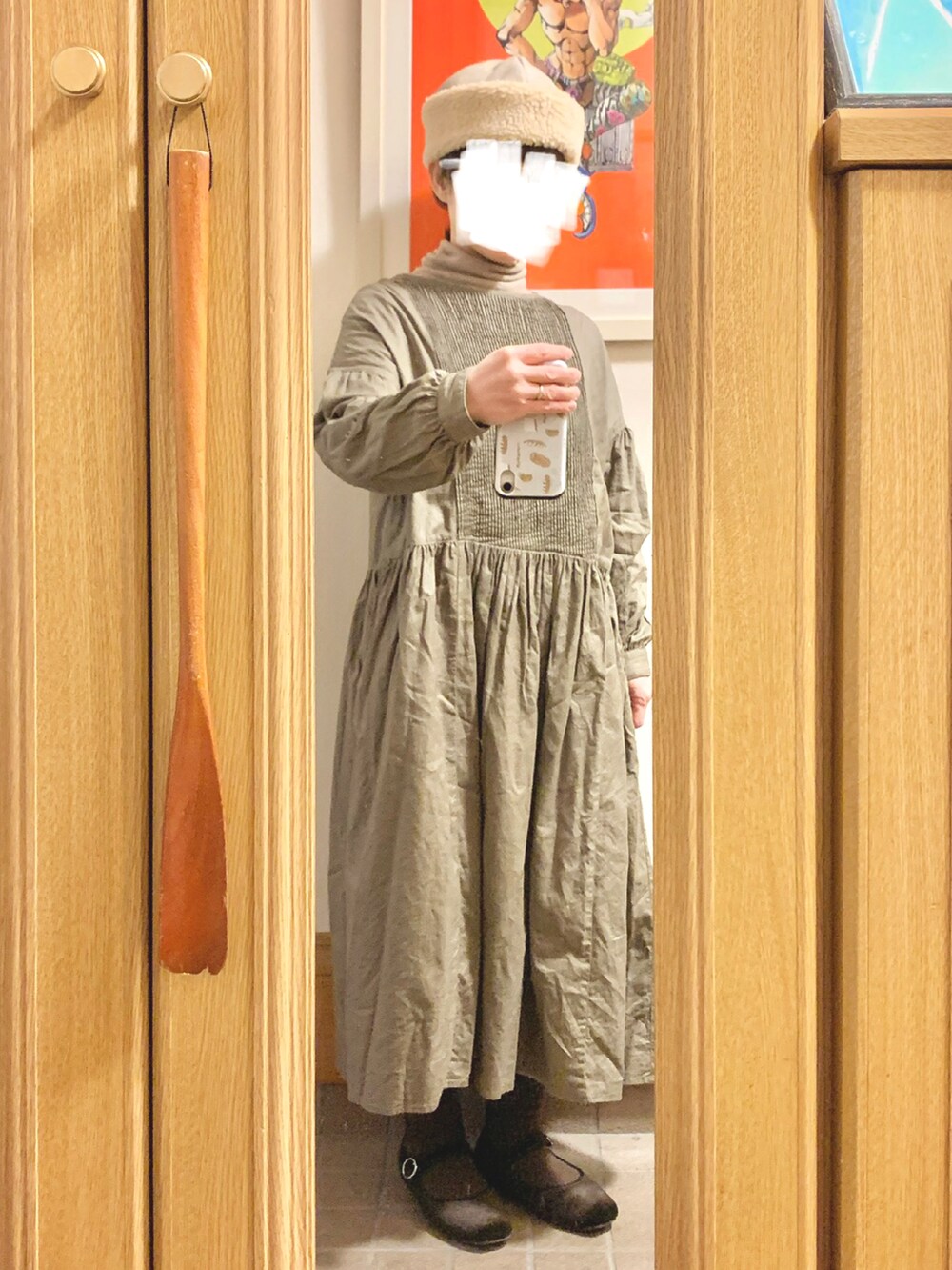 「今日のコーデ、今日の服、前後着ワンピース、カーディガン、キルティングコート」｜「CRAFT STANDARD BOUTIQUEのアイテム（ワンピース、ブラウン系）」を使った、まっきさん（レディース・149cm）の冬コーディネートの4枚目の写真