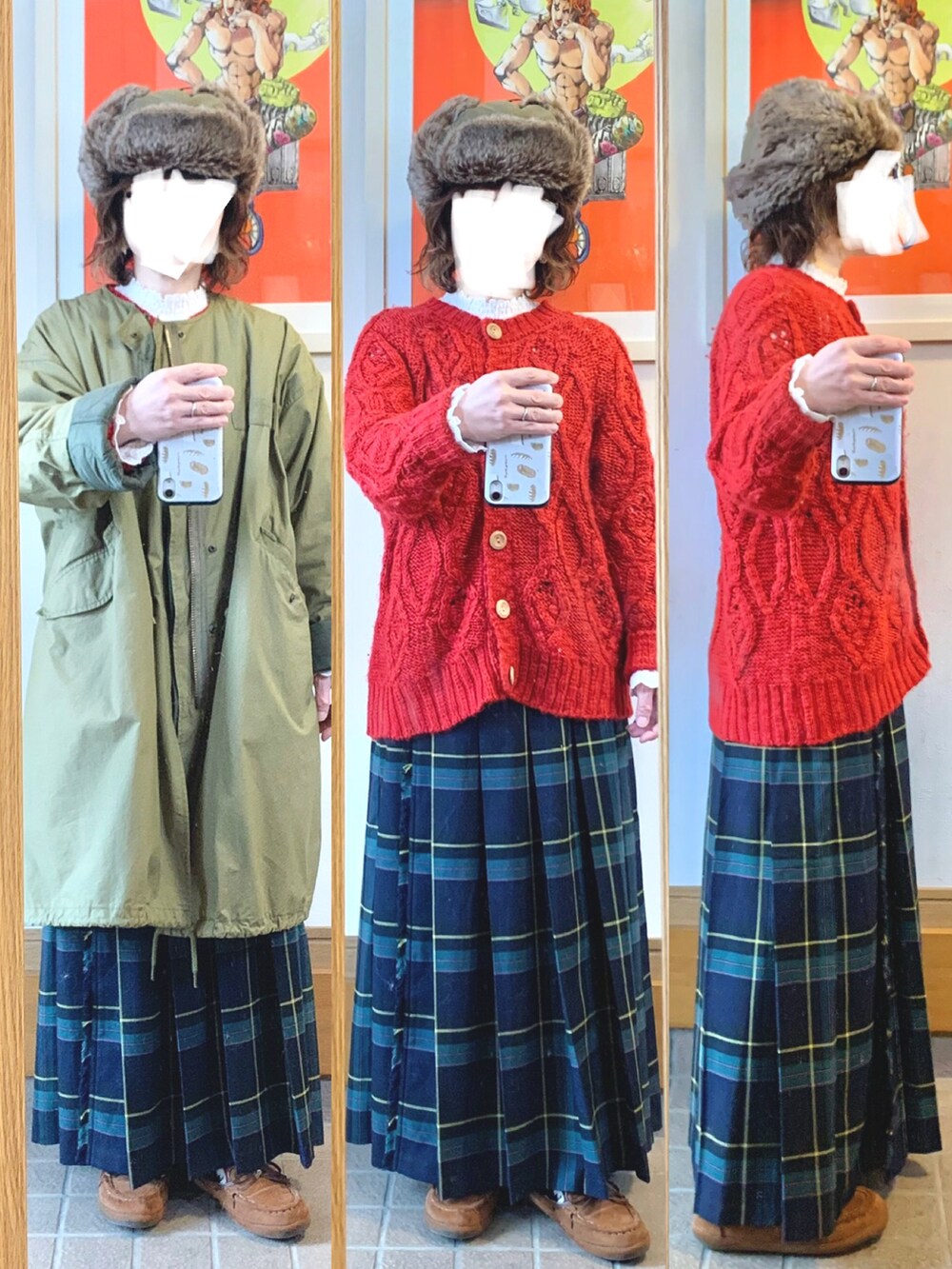 「今日のコーデ、今日の服、フライトキャップ、カーディガン、プリーツスカート、ハンティングジャケット」|「UNIQLOのアイテム(ジャケット/アウター、ブラック系)」を使った、まっきさん(レディース・149cm)の冬コーディネートの3枚目の写真