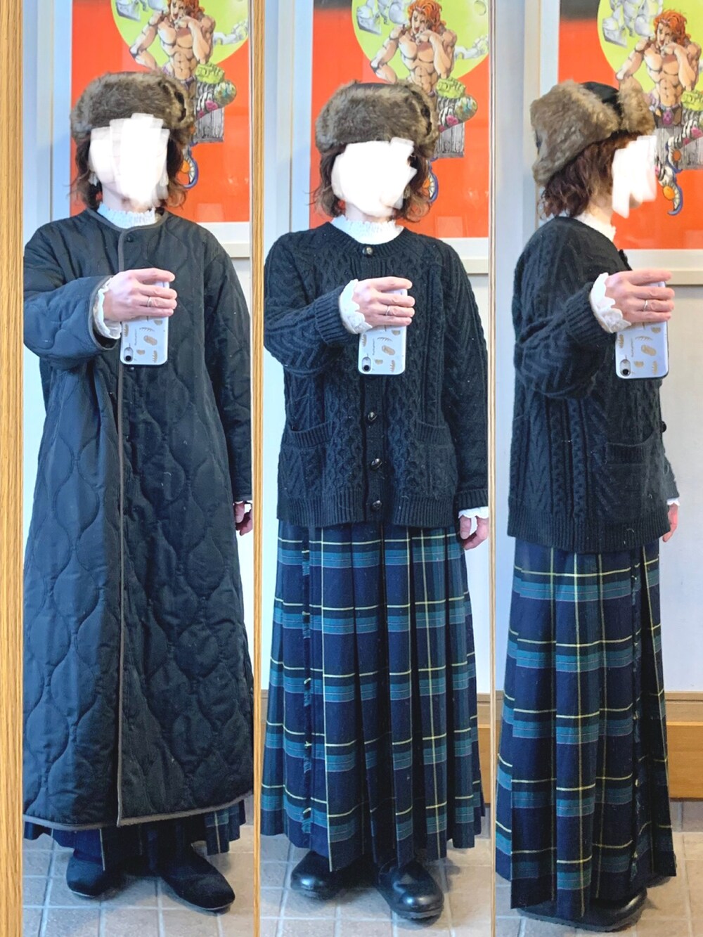 「今日のコーデ、今日の服、フライトキャップ、カーディガン、プリーツスカート、ハンティングジャケット」|「UNIQLOのアイテム(ジャケット/アウター、ブラック系)」を使った、まっきさん(レディース・149cm)の冬コーディネートの2枚目の写真
