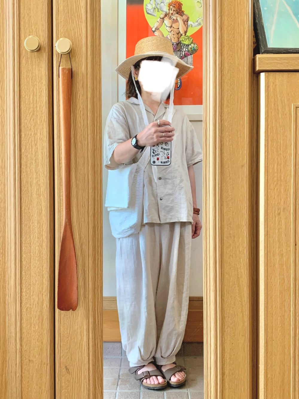 「昨日のコーデ、昨日の服、麦わら帽子、リネン、古着」｜「fog linen workのアイテム（パンツ、ブラック系）」を使った、まっきさん（レディース・150cm）の夏コーディネートの2枚目の写真