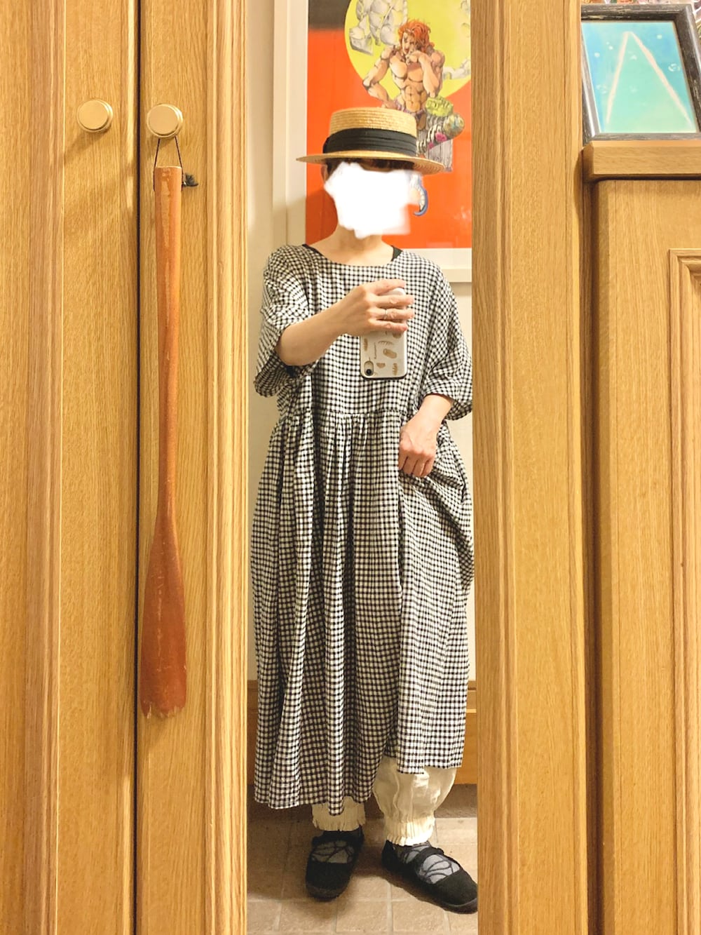 「昨日のコーデ、昨日の服、麦わら帽子、ギンガムチェック、古着、セカスト購入品」｜「Samansa Mos2の先染め柄アソート前後着ワンピース（ワンピース、ホワイト系）」を使った、まっきさん（レディース・150cm）の夏コーディネートの3枚目の写真