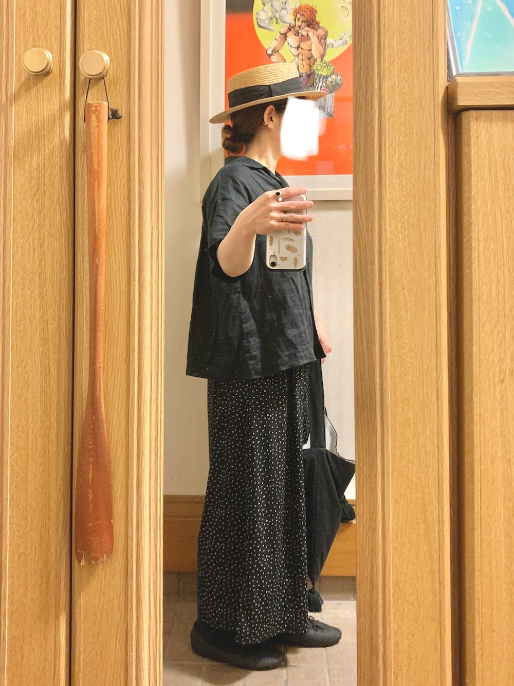 「昨日のコーデ、昨日の服、リネンシャツ、開襟シャツ、ひんやり素材、水玉」｜「14+のアイテム（ハット、ブラック系）」を使った、まっきさん（レディース・150cm）の夏コーディネートの3枚目の写真