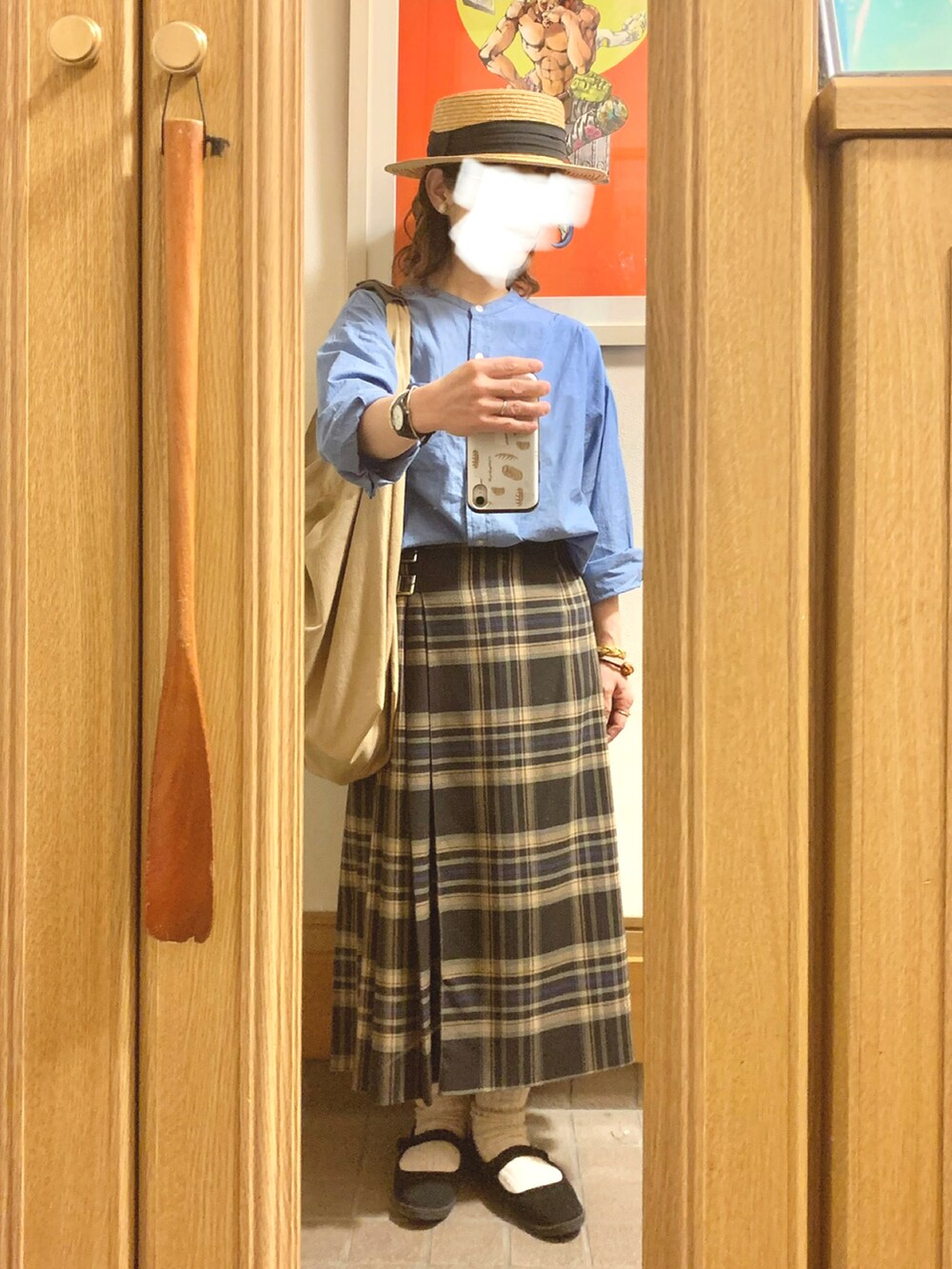「昨日のコーデ、昨日の服、麦わら帽子、チェックスカート、古着」｜「14+の麦ブレードカンカン帽（ハット、ブラック系）」を使った、まっきさん（レディース・149cm）の春コーディネートの2枚目の写真