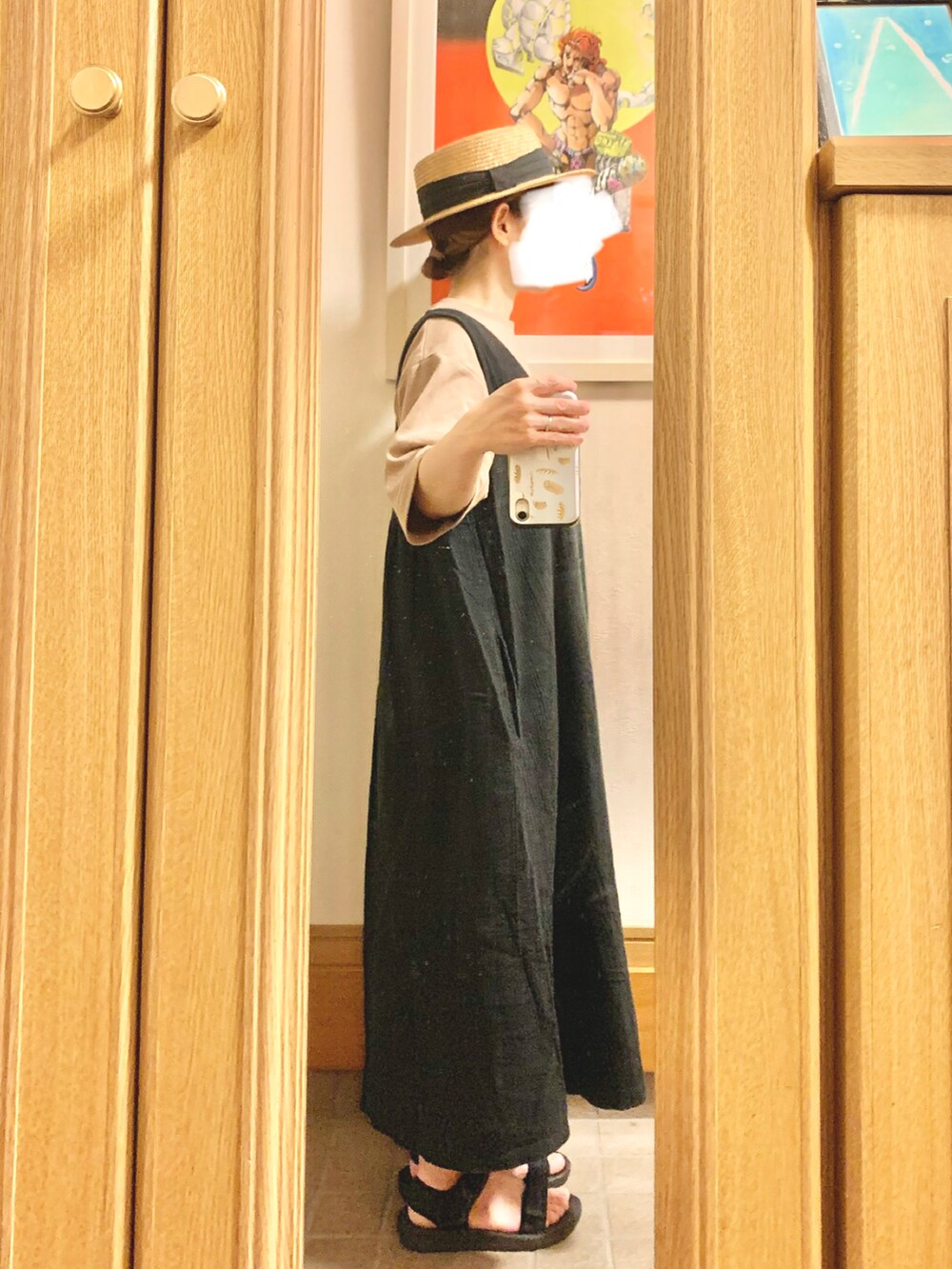「昨日のコーデ、昨日の服、麦わら帽子、くすみピンク、ピンクと黒、スポサン」｜「マルシェ購入品のアイテム（ジャンパースカート、ブラック系）」を使った、まっきさん（レディース・149cm）の夏コーディネートの3枚目の写真
