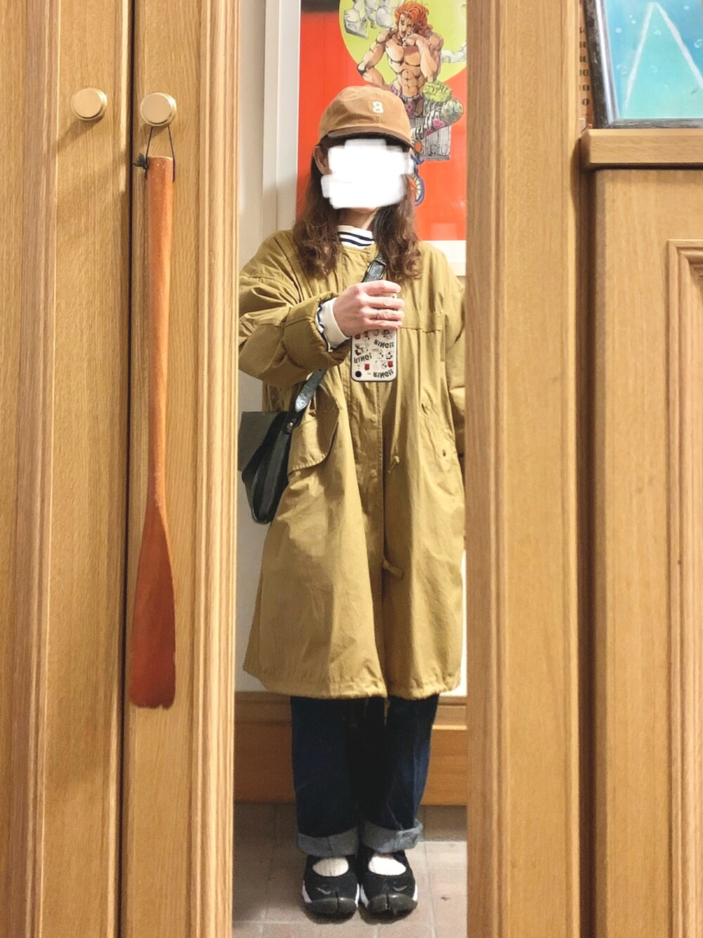 「昨日のコーデ、昨日の服、キャップ、ボーダー、モッズコート、デニム、エアリフト、古着」｜「マルシェ購入品のアイテム（キャップ、ブラウン系）」を使った、まっきさん（レディース・150cm）の春コーディネートの4枚目の写真
