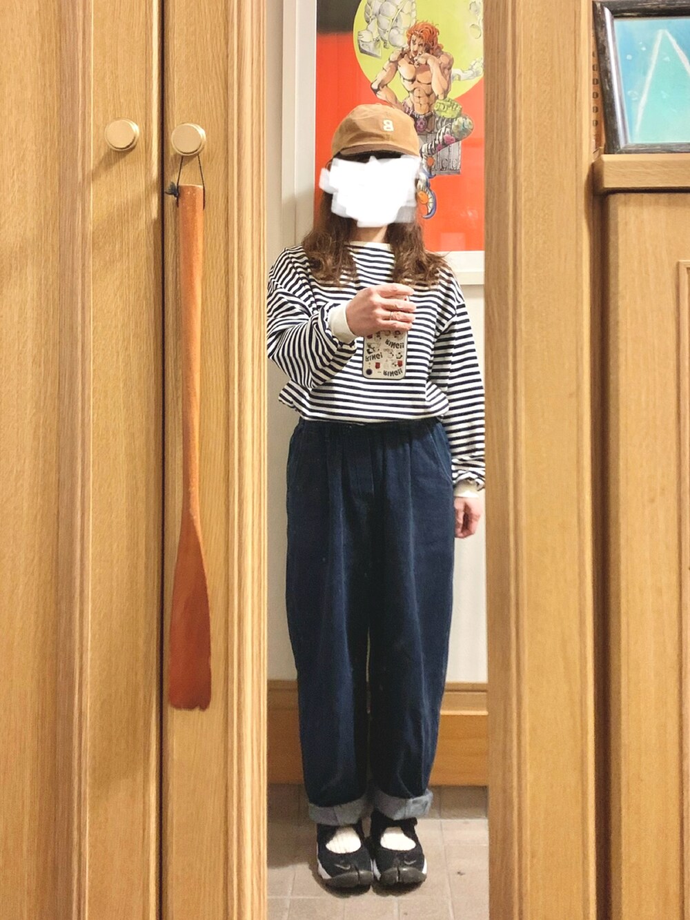 「昨日のコーデ、昨日の服、キャップ、ボーダー、モッズコート、デニム、エアリフト、古着」｜「マルシェ購入品のアイテム（キャップ、ブラウン系）」を使った、まっきさん（レディース・150cm）の春コーディネートの3枚目の写真