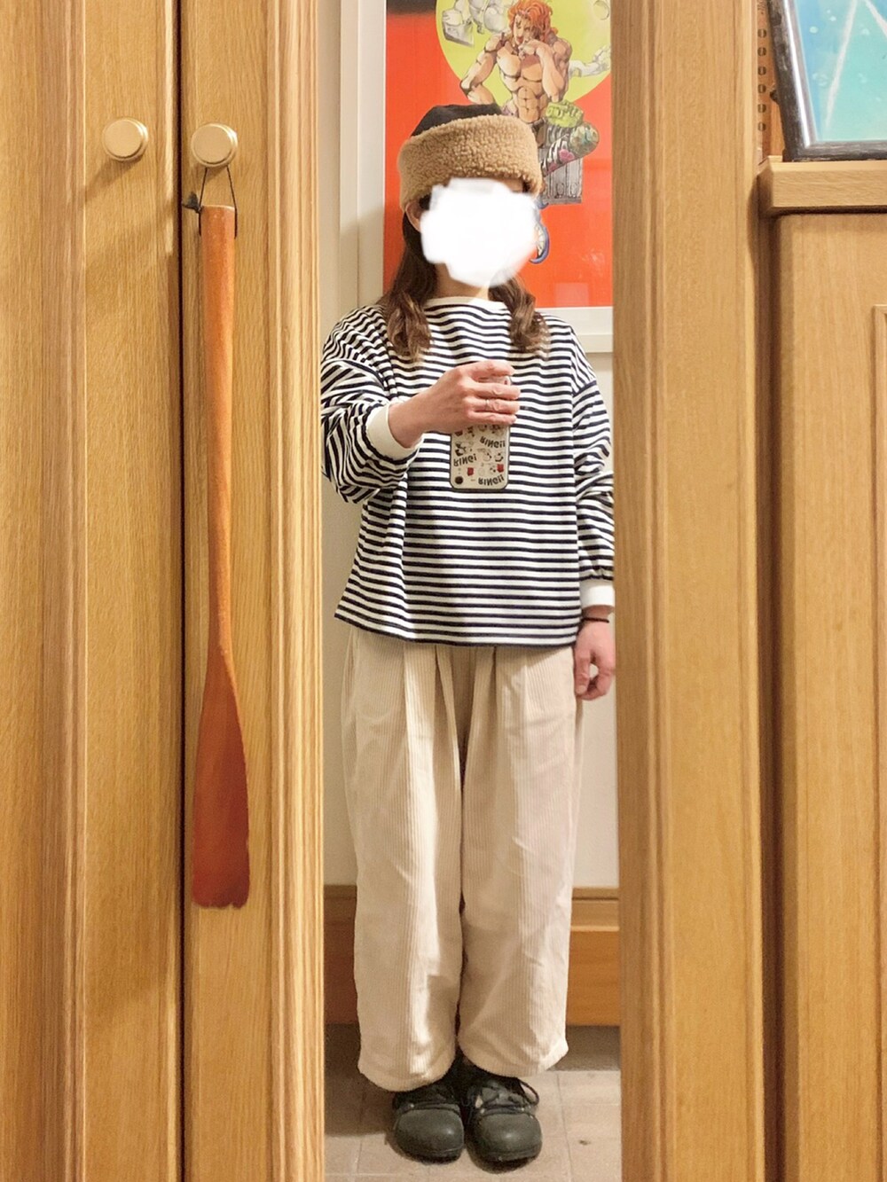 「昨日の服、昨日のコーデ、古着MIX、ボーダー、コーデュロイパンツ」｜「chocol raffine robeのアイテム（Tシャツ/カットソー、その他）」を使った、まっきさん（レディース・150cm）の春コーディネートの2枚目の写真