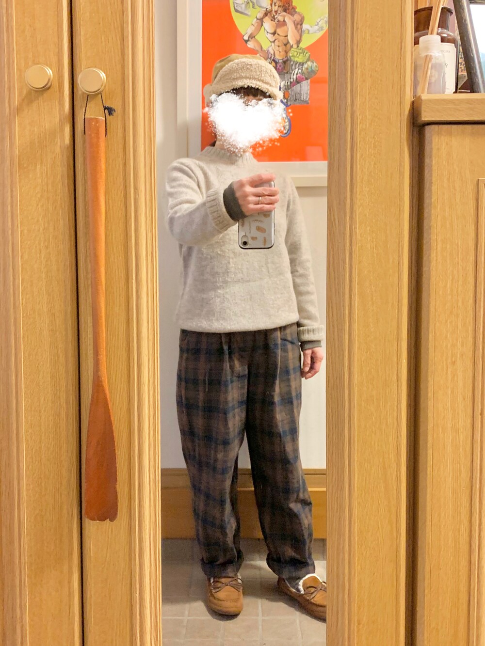 「今日のコーデ、今日の服、古着、メンズアイテム、チェックパンツ、モカシン」｜「studio CLIPのアイテム（パンツ、ブラウン系）」を使った、まっきさん（レディース・149cm）の冬コーディネートの2枚目の写真