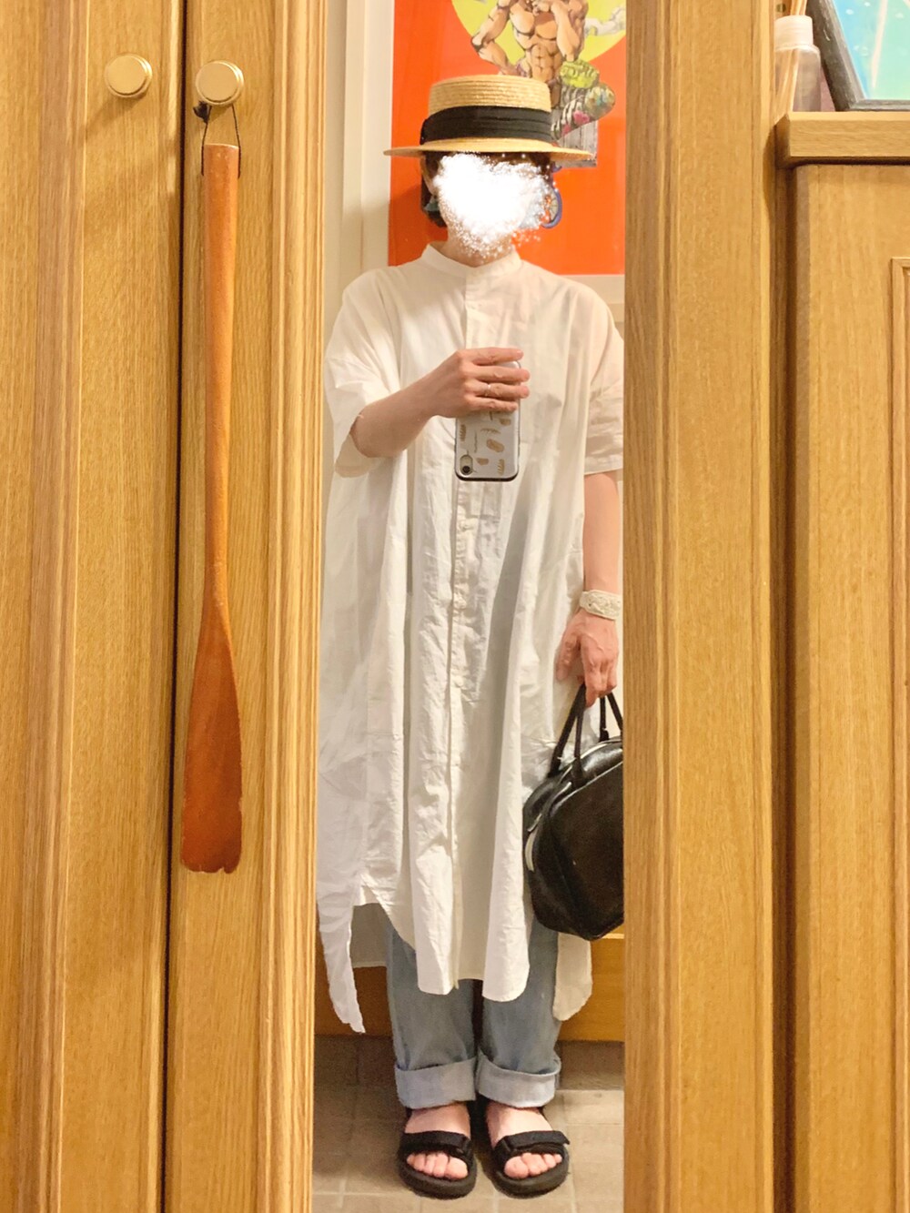 「今日のコーデ、今日の服、麦わら帽子、古着、シャツワンピ、薄色デニム、スポサン」｜「14+の麦ブレードカンカン帽（ハット、ブラック系）」を使った、まっきさん（レディース・149cm）の夏コーディネートの5枚目の写真