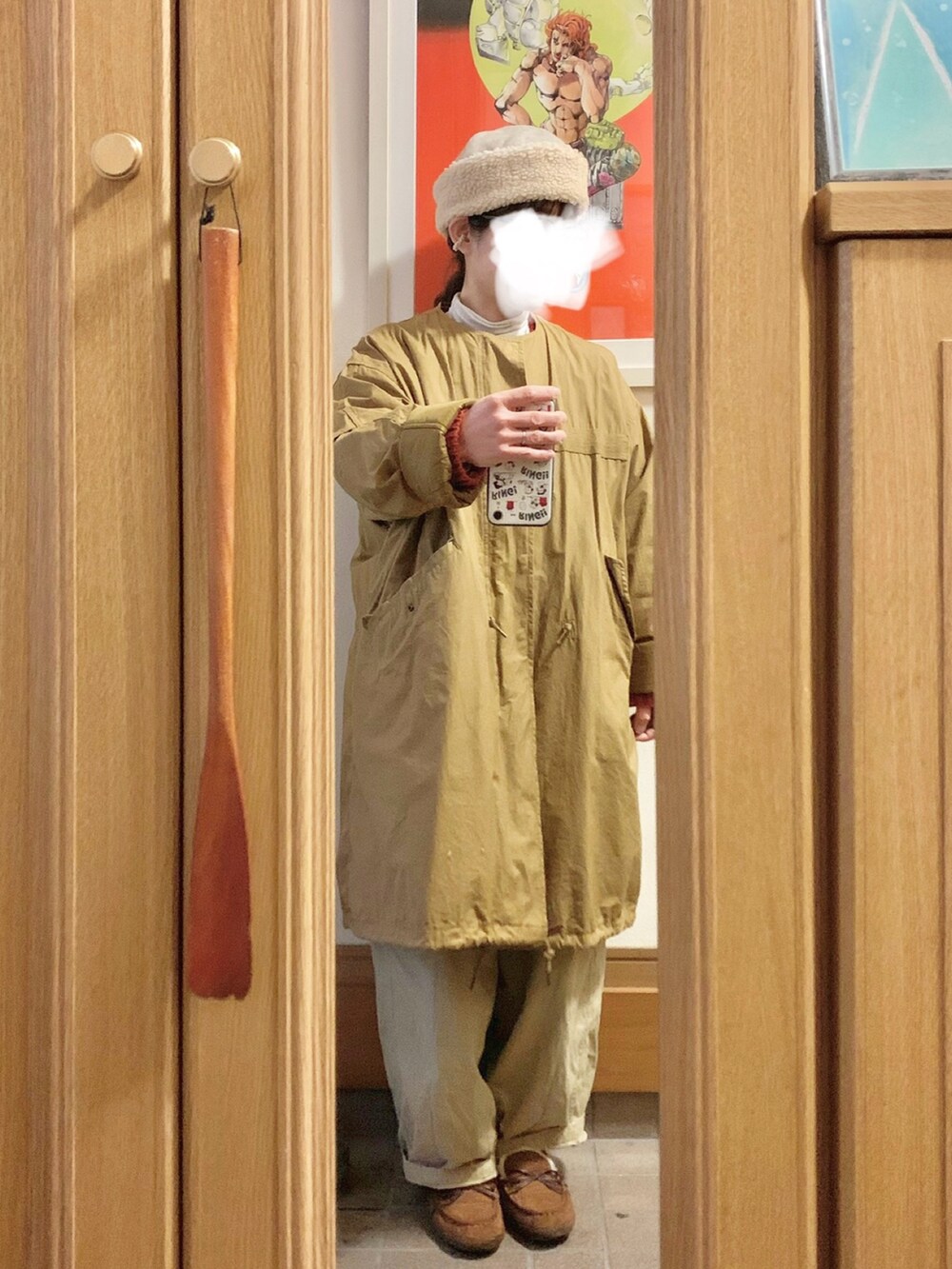 「昨日のコーデ、昨日の服、モッズコート、ニットカーディガン、極暖ヒートテックカシミヤブレンドハイネックT、古着、モカシン」｜「作家メイドのアイテム（帽子、ベージュ系）」を使った、まっきさん（レディース・150cm）の冬コーディネートの3枚目の写真