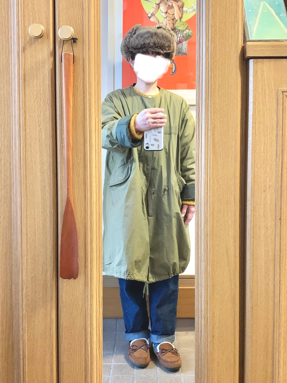 「昨日のコーデ、昨日の服、古着、デニム、モッズコート、モカシン」｜「milsaのmilsa/ミルサ トラッパー キャップ 128361223（キャップ、グリーン系）」を使った、まっきさん（レディース・149cm）の冬コーディネートの3枚目の写真