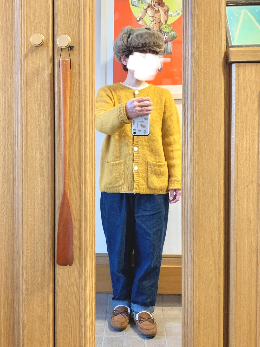 「昨日のコーデ、昨日の服、古着、デニム、モッズコート、モカシン」｜「milsaのmilsa/ミルサ トラッパー キャップ 128361223（キャップ、グリーン系）」を使った、まっきさん（レディース・149cm）の冬コーディネートの2枚目の写真