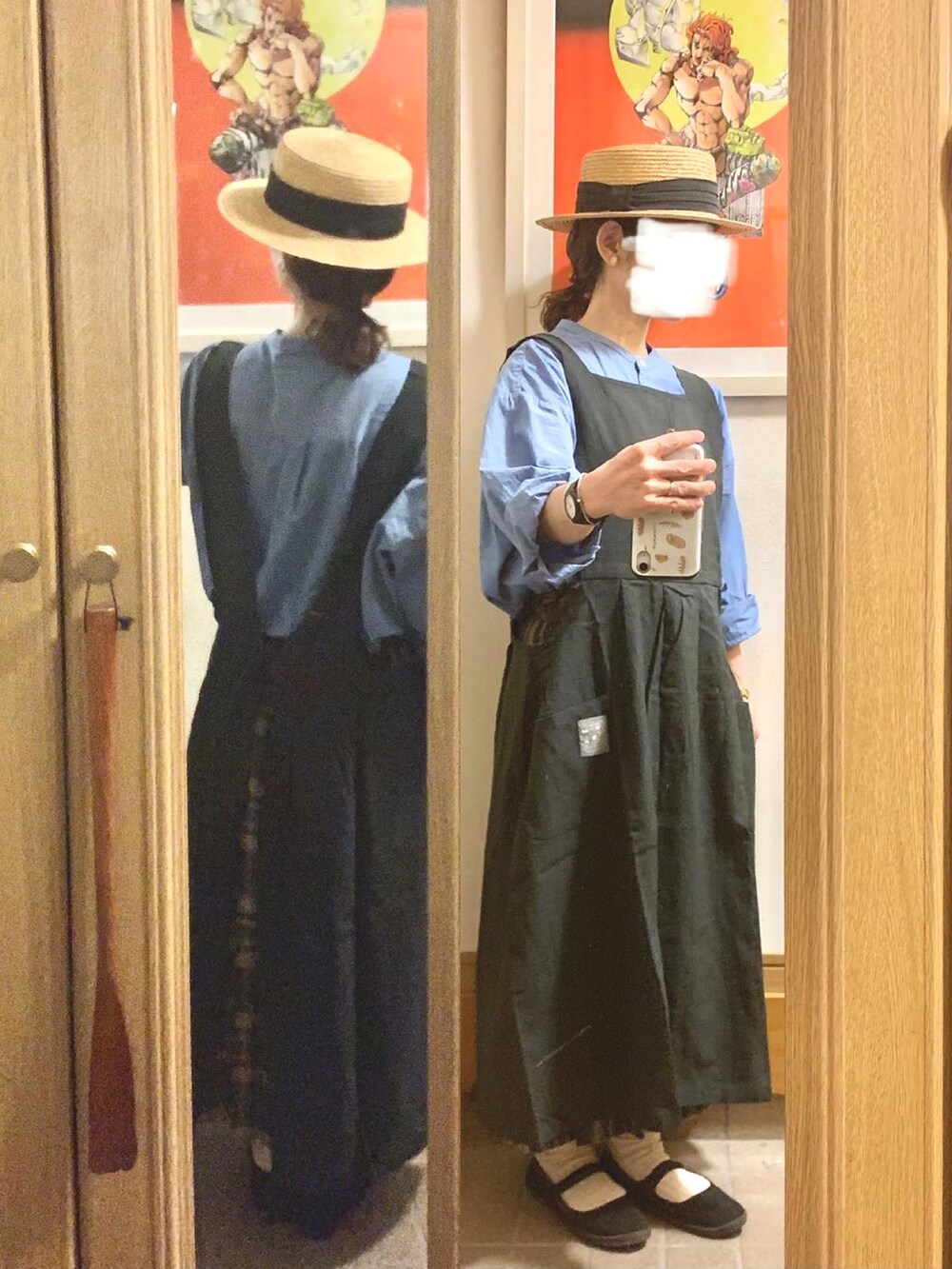 「昨日の買い物、ストライプシャツワンピ、ピンク、スウェット、古着」｜「N.O.R.Cのアイテム（シャツワンピース、イエロー系）」を使った、まっきさん（レディース・149cm）の春コーディネートの4枚目の写真