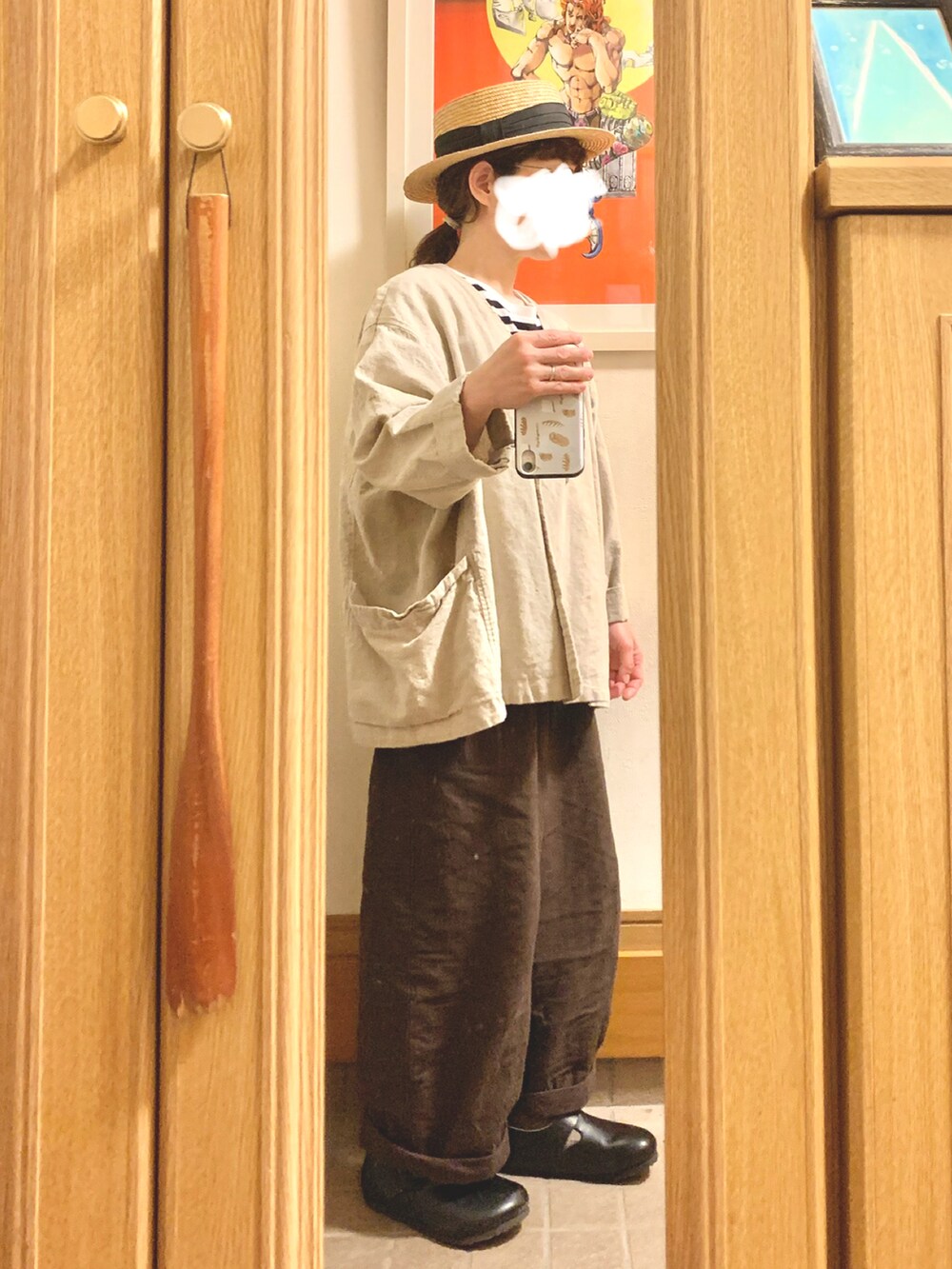 「昨日のコーデ、昨日の服、麦わら帽子、ボーダー」｜「14+の麦ブレードカンカン帽（ハット、ブラック系）」を使った、まっきさん（レディース・149cm）の春コーディネートの3枚目の写真