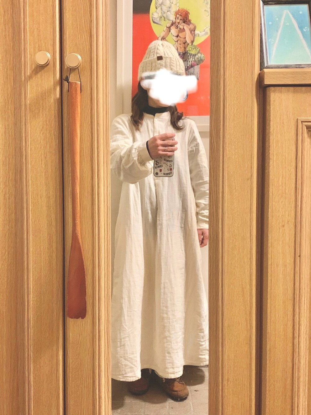 「昨日のコーデ、昨日の服、ニット帽、ダブルガーゼ、ワンピース、モカシン、初おろし」｜「tukuroiのアイテム（ノーカラージャケット、グリーン系）」を使った、まっきさん（レディース・150cm）の冬コーディネートの2枚目の写真