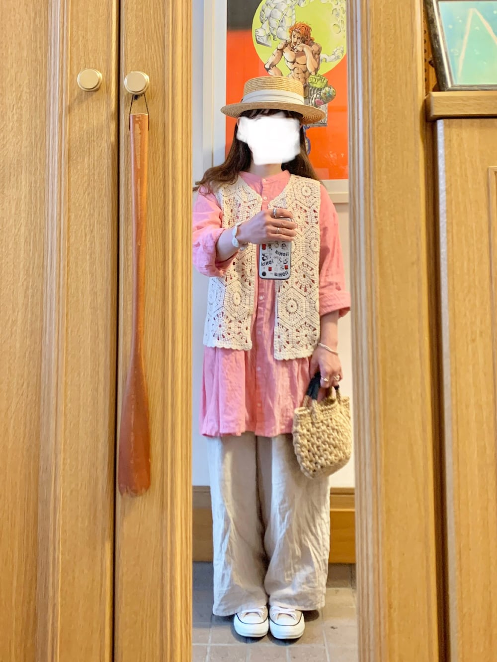 「昨日のコーデ、昨日の服、麦わら帽子始めました、麦わら帽子、古着」｜「作家メイドのアイテム（かごバッグ、ベージュ系）」を使った、まっきさん（レディース・150cm）の春コーディネートの2枚目の写真