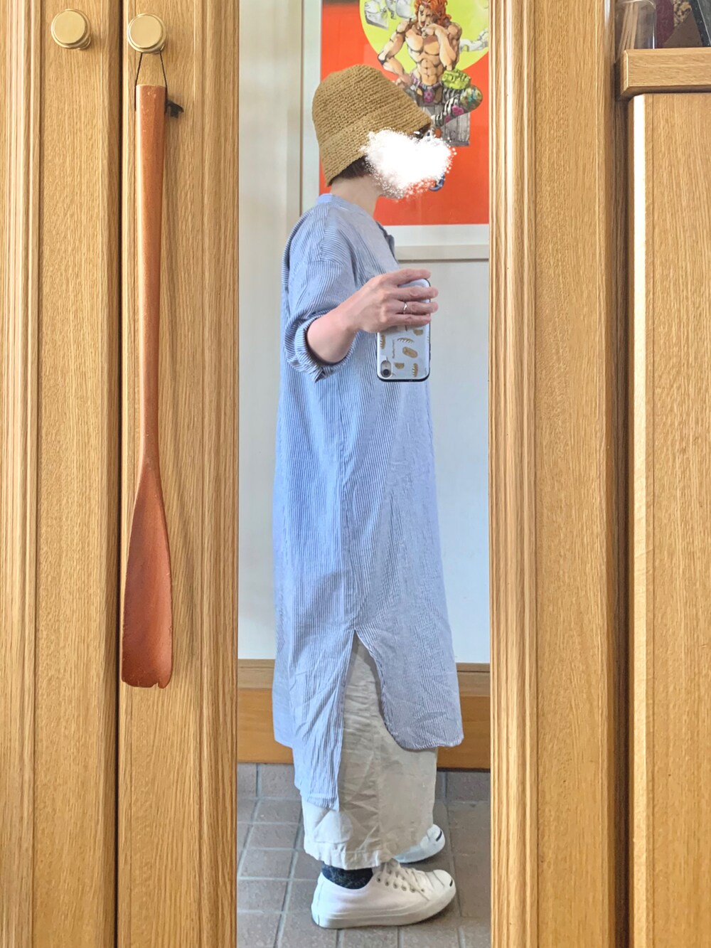 「今日のコーデ、今日の服、シャツワンピ」｜「ROPE' PICNICのアイテム（帽子、ブラウン系）」を使った、まっきさん（レディース・149cm）の春コーディネートの3枚目の写真